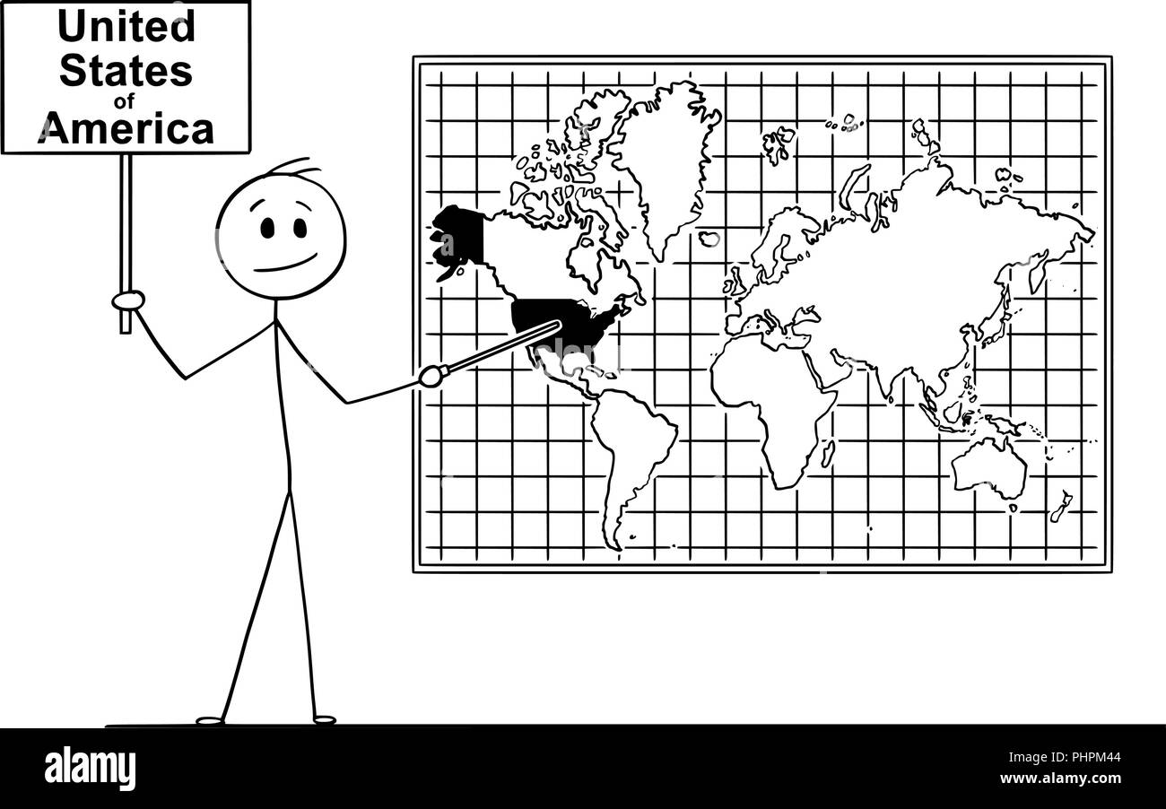Caricature de Man Holding sign and Pointing at United States of America sur la carte du monde murale Illustration de Vecteur