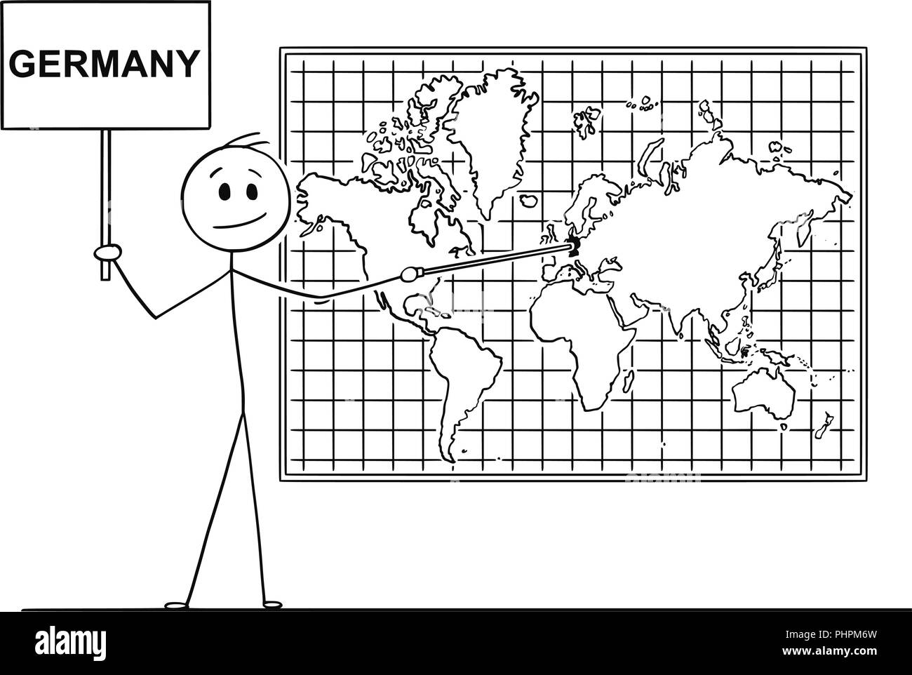 Caricature de l'homme pointant à l'Allemagne sur la carte du monde murale Illustration de Vecteur