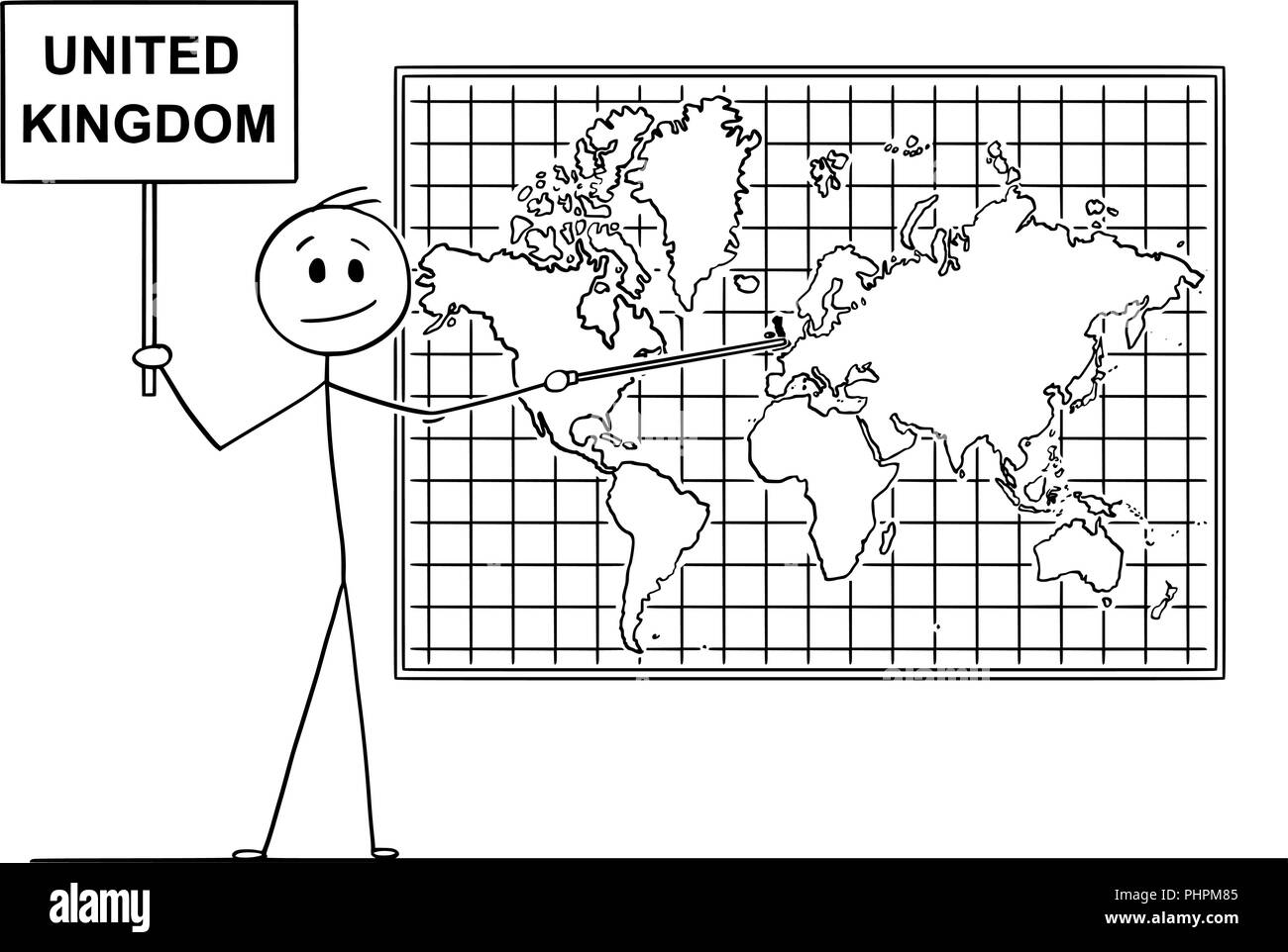 Caricature de l'homme pointant à l'Angleterre ou la Grande-Bretagne ou le Royaume-Uni sur la carte du monde murale Illustration de Vecteur