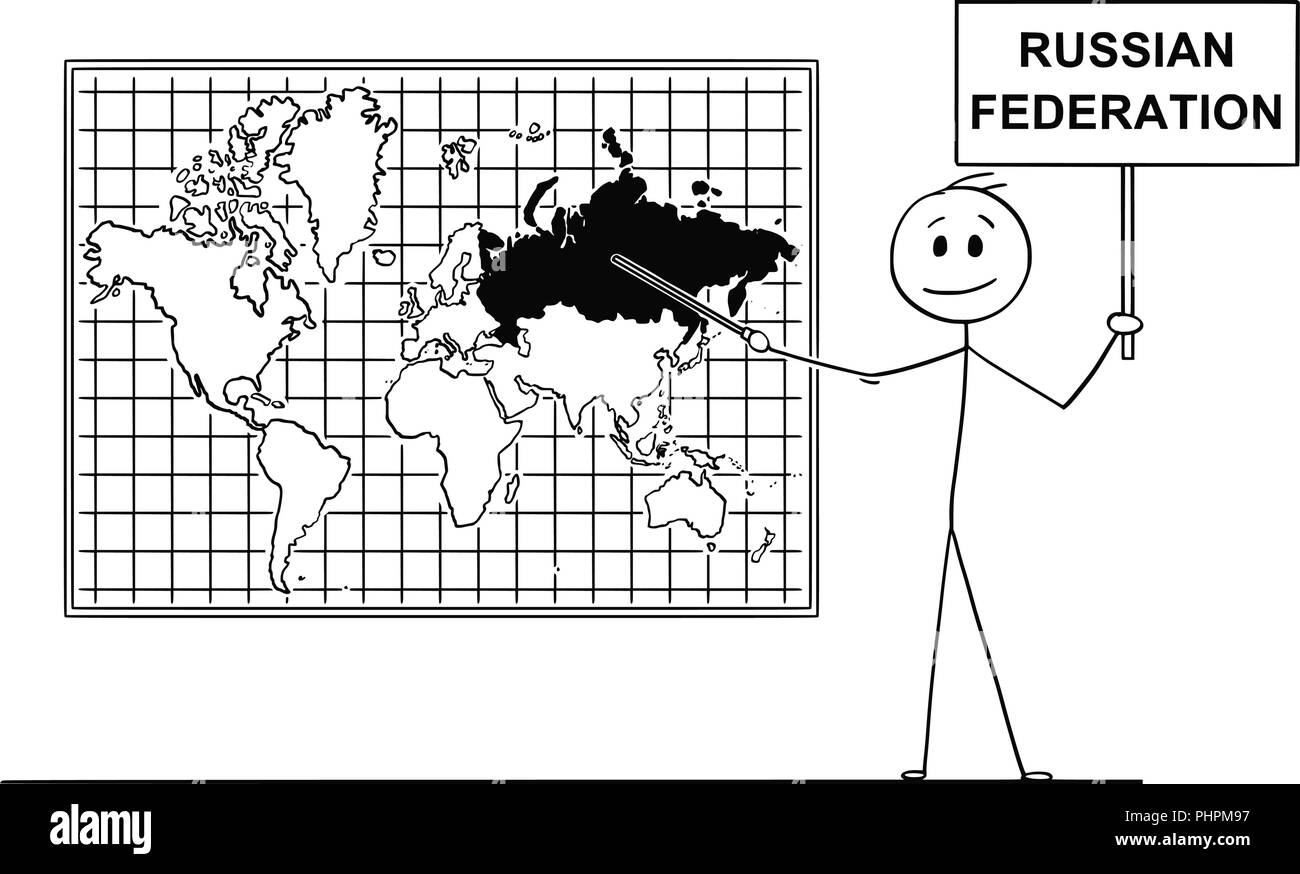 Caricature de l'homme pointant vers la Russie ou Fédération de Russie sur la carte du monde murale Illustration de Vecteur