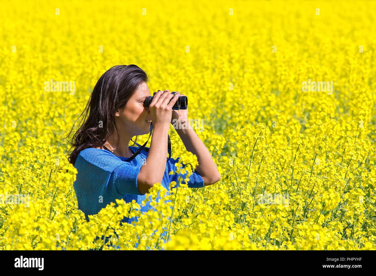 Femme regardant à travers les jumelles dans le champ de colza en fleurs Banque D'Images