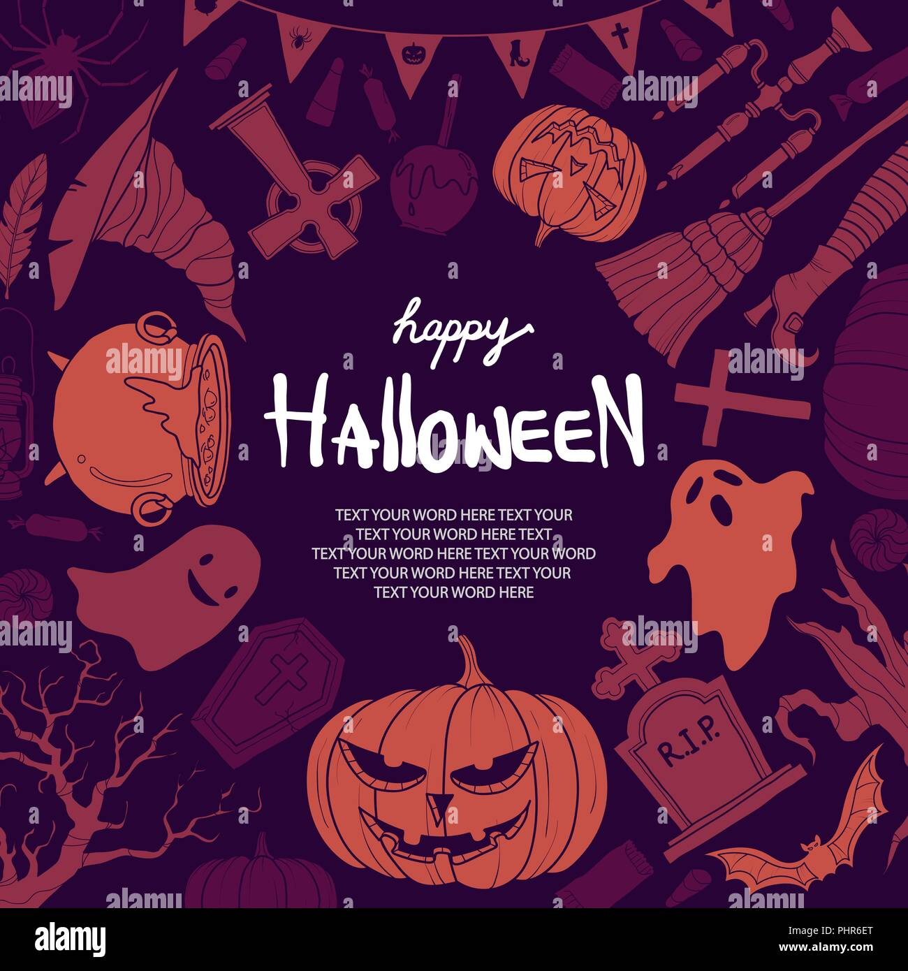 Halloween Silhouette stuff random sur fond violet avec de l'espace pour le texte. La conception d'affiches ou d'arrière-plan pour l'halloween event dans le vector illustration. Illustration de Vecteur