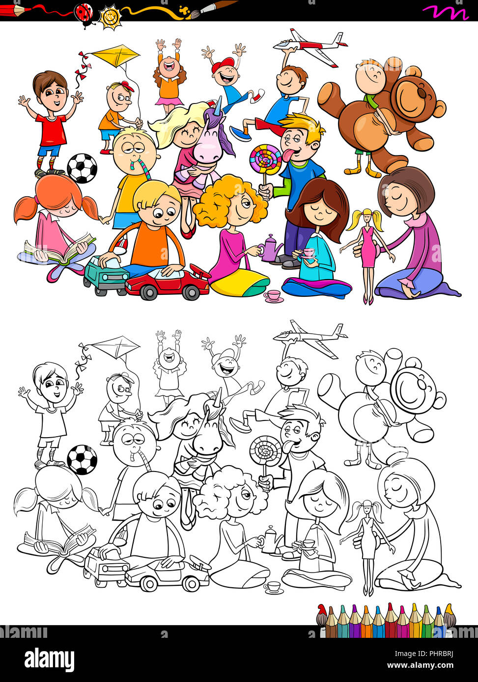 Enfants ludique groupe caractères Coloring Book Banque D'Images