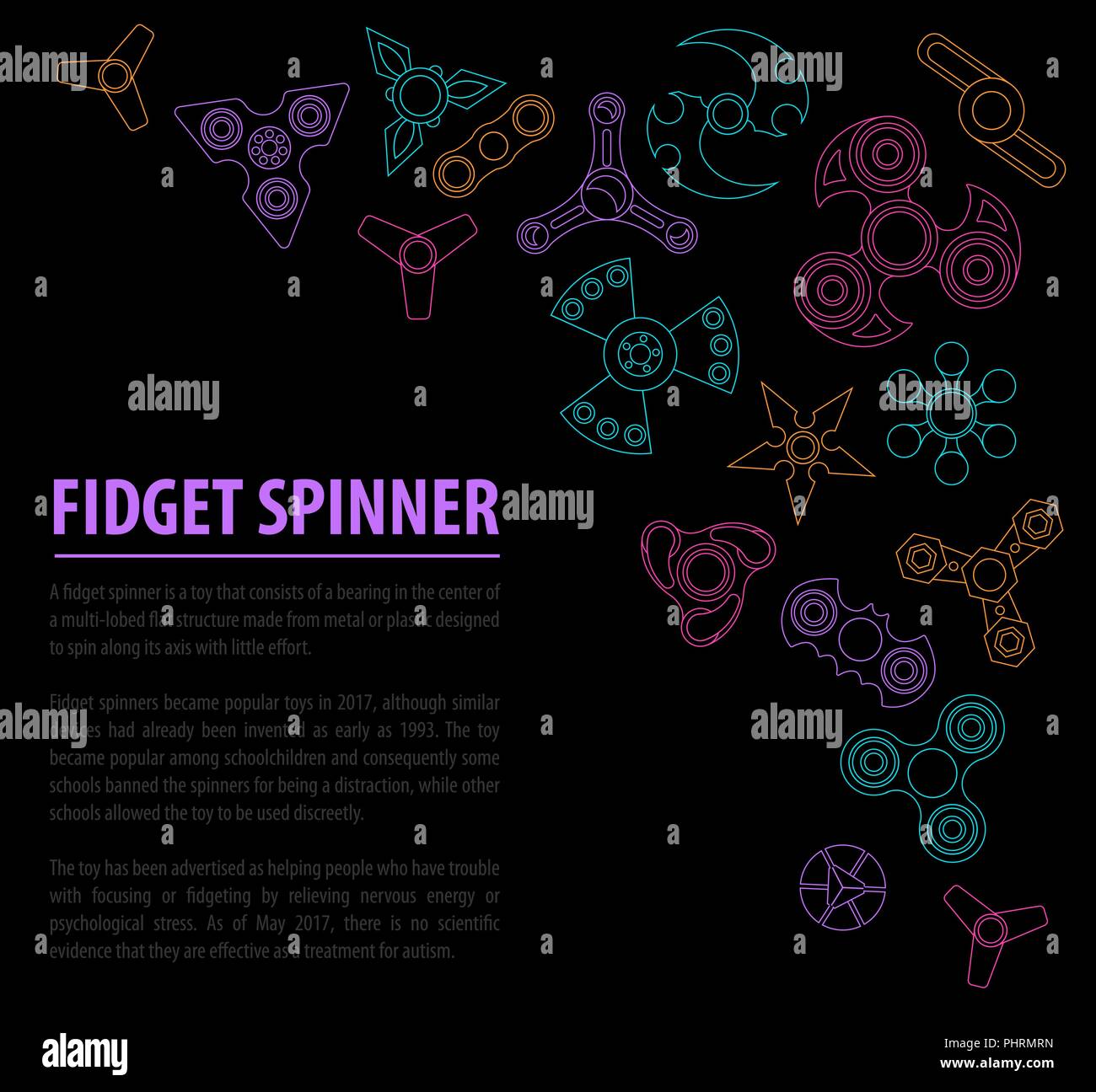 Part spinner. Fidget jouet pour mettre davantage l'accent, soulagement du stress. Conception infographique avec icônes. Vector illustration Illustration de Vecteur