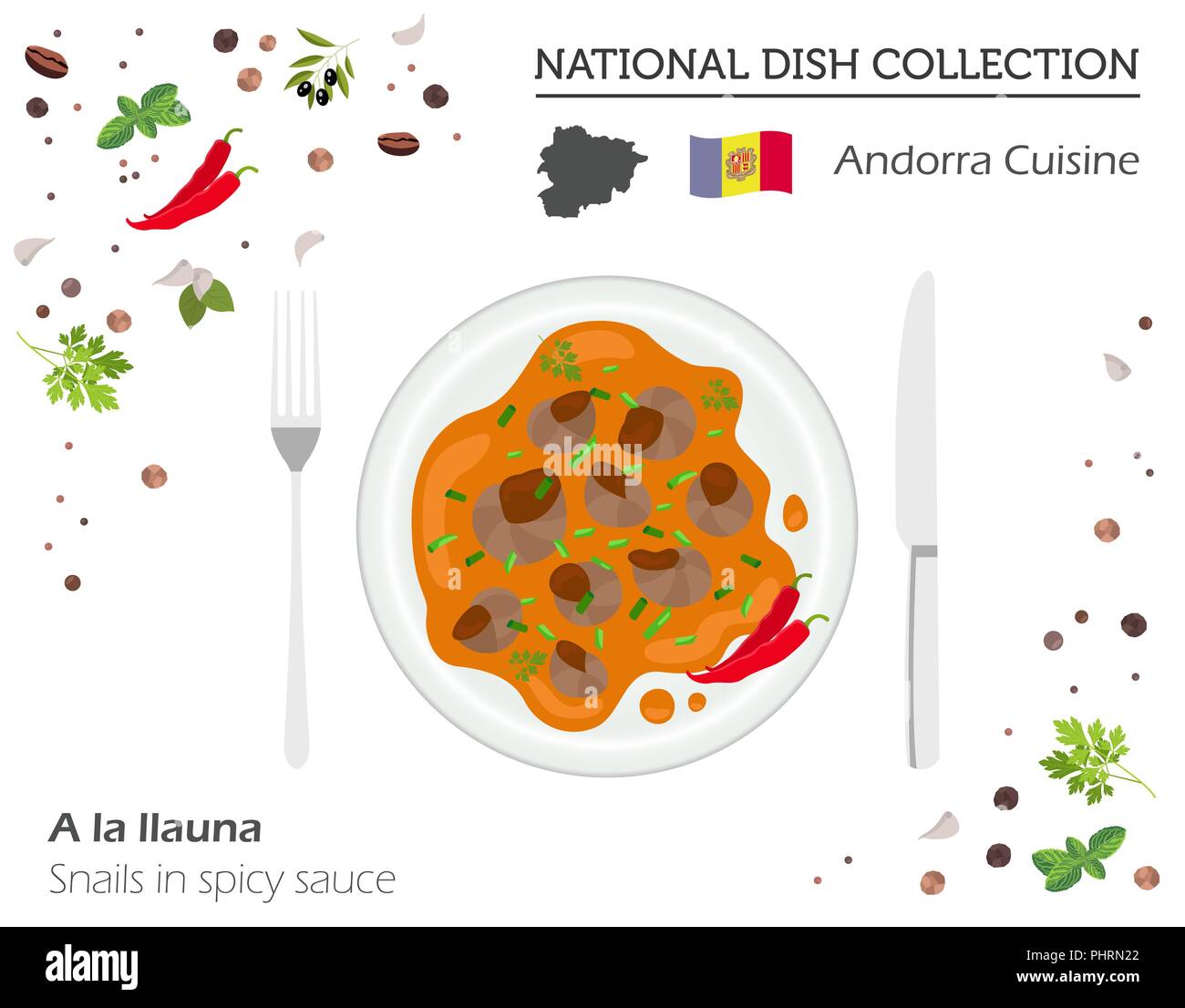 La cuisine d'Andorre. Plat national européen collection. Escargots en sauce épicée isolé sur blanc, infographie. Vector illustration Illustration de Vecteur