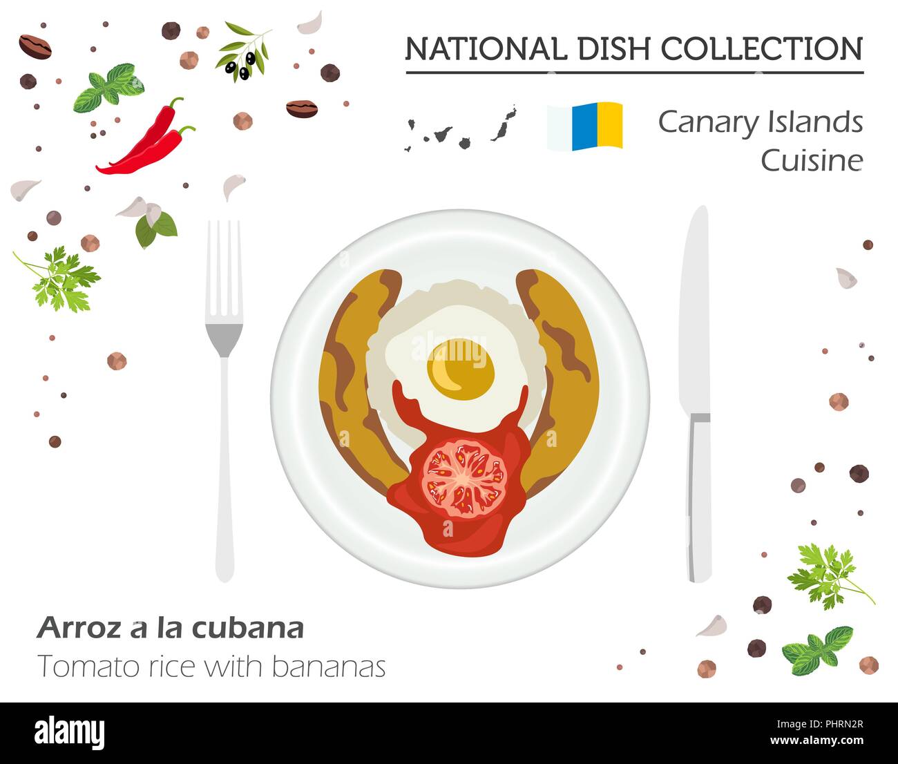 Canaries traditionnelle. Plat national européen collection. Riz aux tomates avec des bananes, isolé sur blanc l'infographie. Vector illustration Illustration de Vecteur