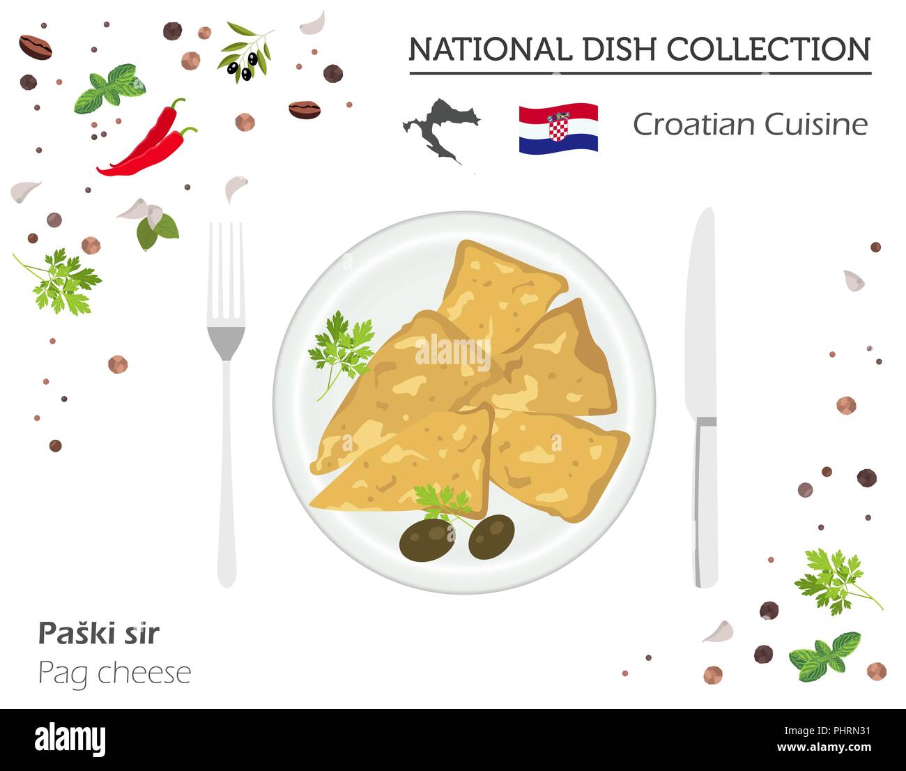 Une cuisine croate. Plat national européen collection. Le fromage de Pag isolé sur blanc, infographie. Vector illustration Illustration de Vecteur