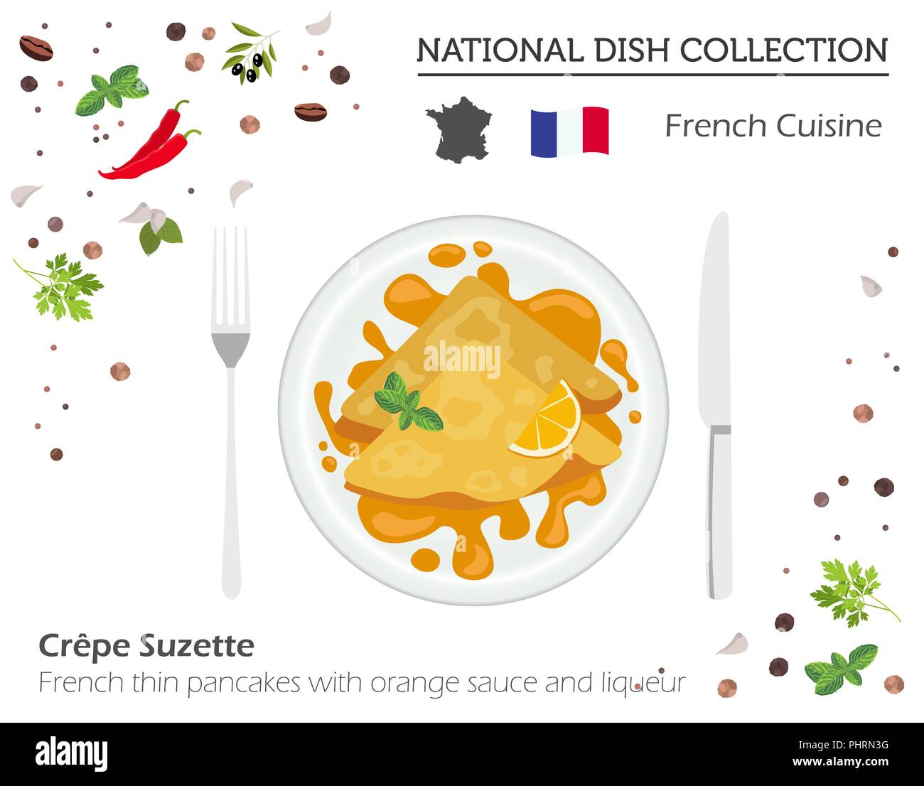 La cuisine française. Plat national européen collection. Le français à l'orange Crêpes minces et liquer isolé sur blanc, infographie. Vector illustrati Illustration de Vecteur