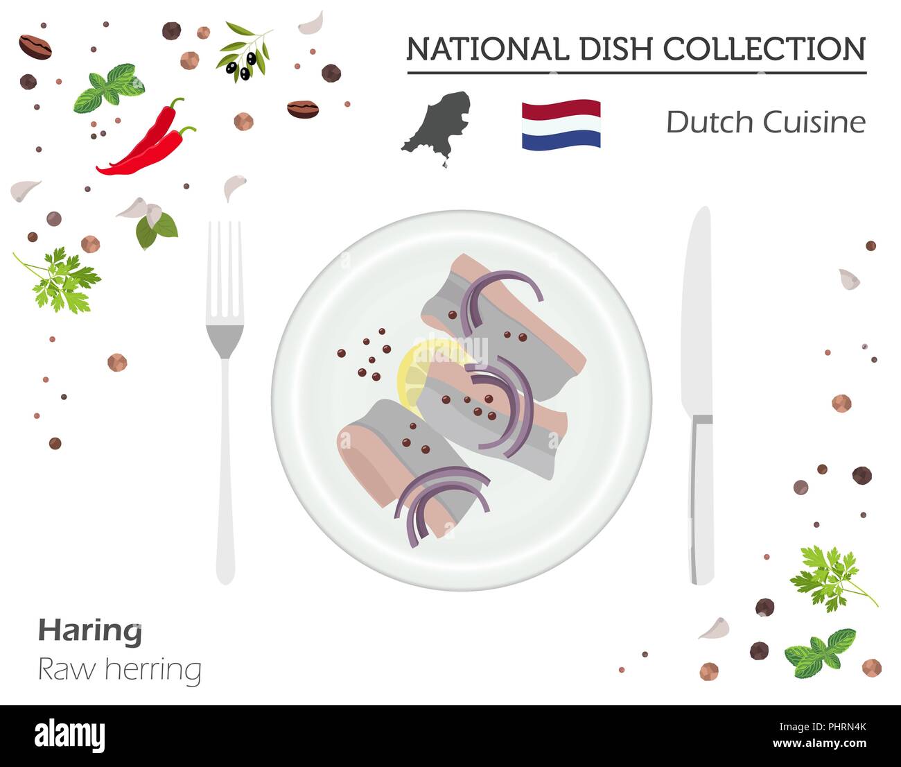 La cuisine néerlandaise. Plat national européen collection. Le hareng cru isolé sur blanc, infographie. Vector illustration Illustration de Vecteur