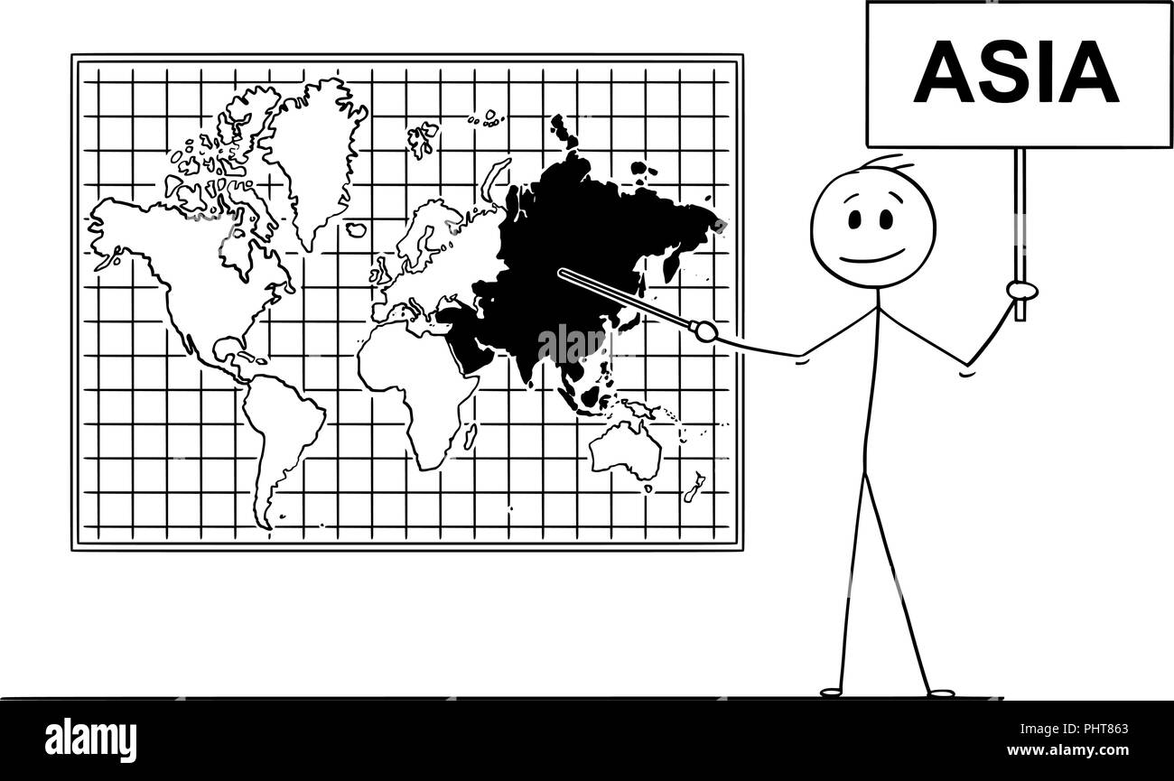 Caricature de l'homme tenant une pancarte et vers l'Asie au continent sur la carte du monde murale Illustration de Vecteur