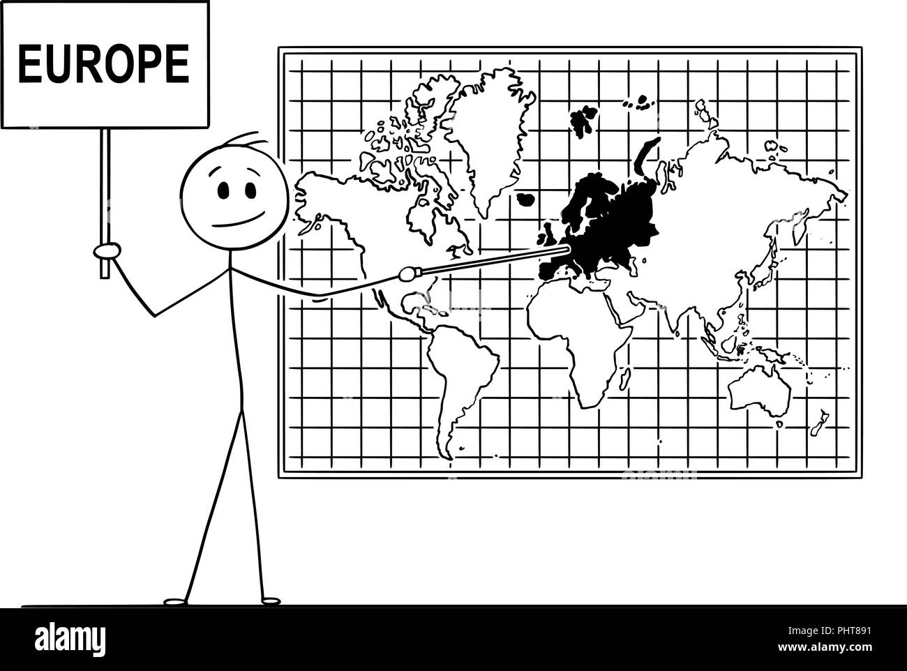 Caricature de l'homme tenant une pancarte et en montrant l'Europe Continent sur la carte du monde murale Illustration de Vecteur