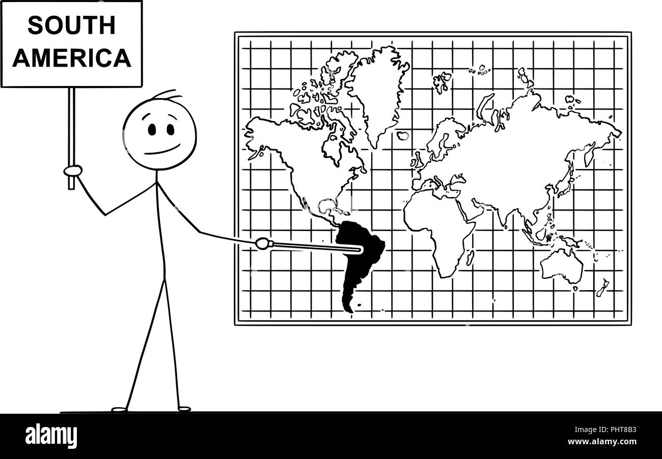 Caricature de l'homme tenant une pancarte et pointant vers l'Amérique du Sud Continent sur la carte du monde murale Illustration de Vecteur