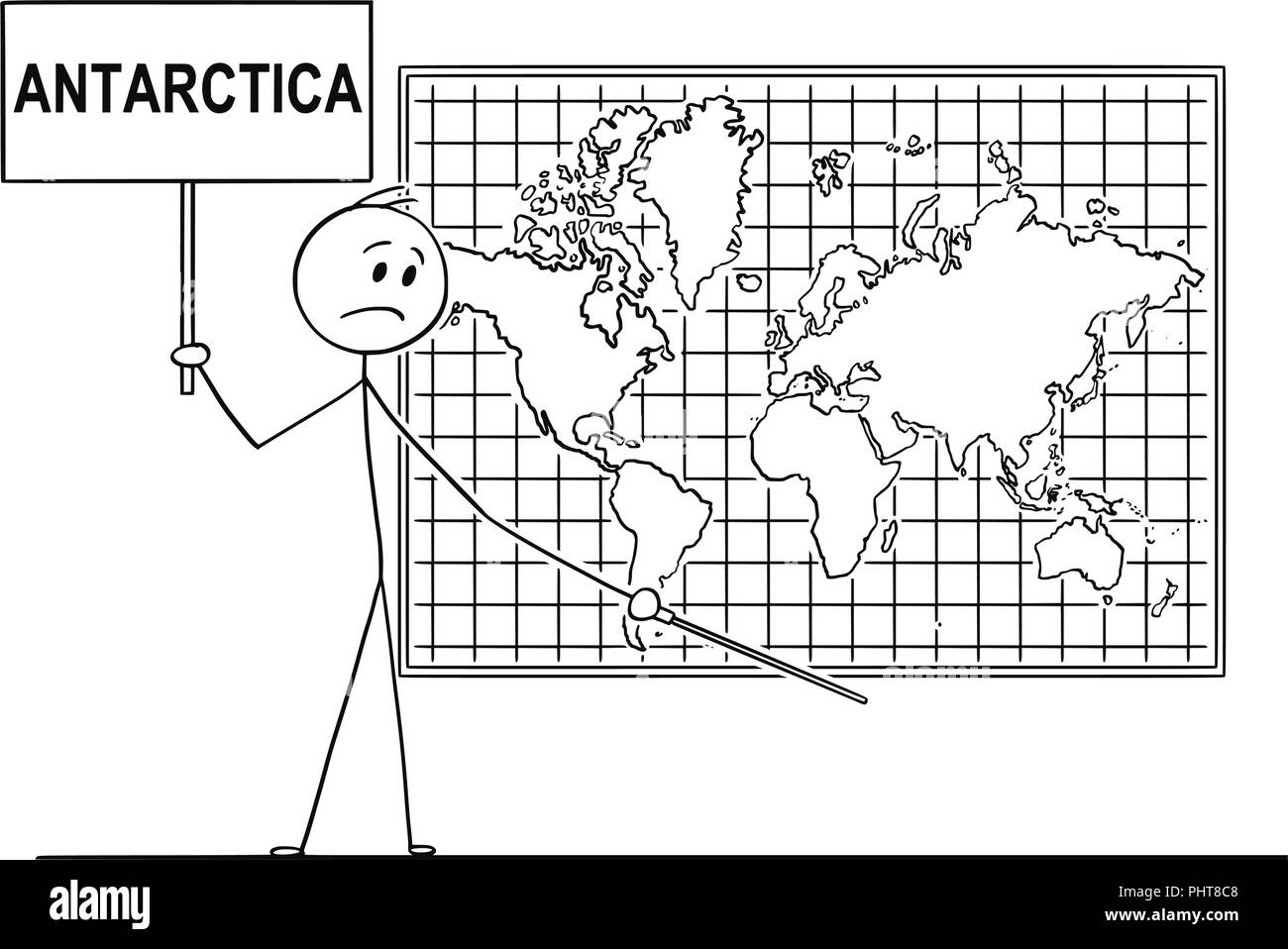 Caricature de l'homme tenant une pancarte et pointant sur place sous mur carte du monde où l'Antarctique Continent devrait être Illustration de Vecteur