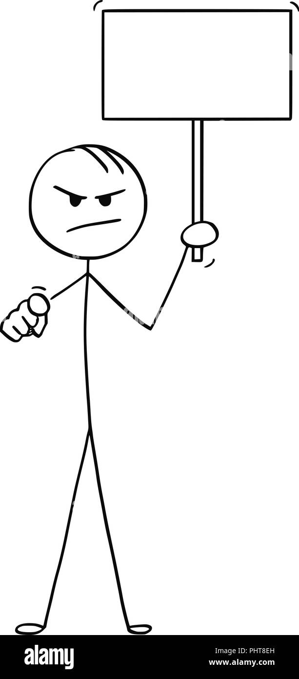 Caricature de l'homme en colère ou Businessman Holding Empty sign and Pointing at Camera Illustration de Vecteur