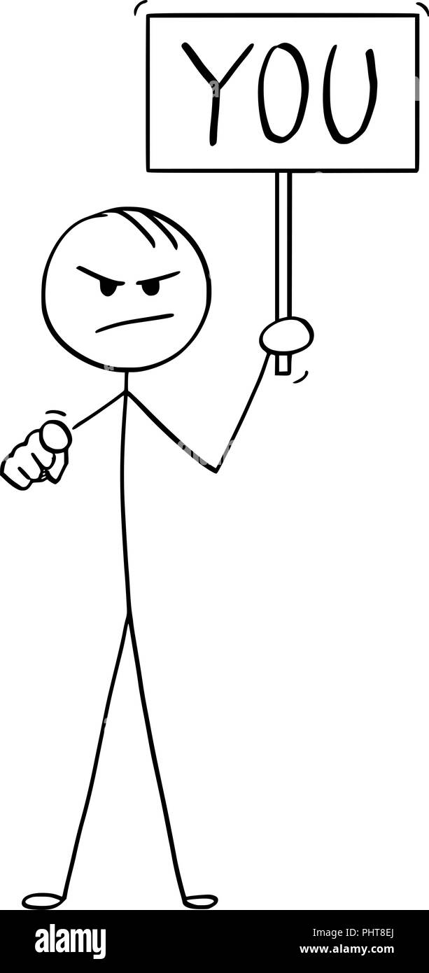 Caricature de l'homme en colère ou Businessman Holding Sign avec vous et texte pointant sur camera Illustration de Vecteur