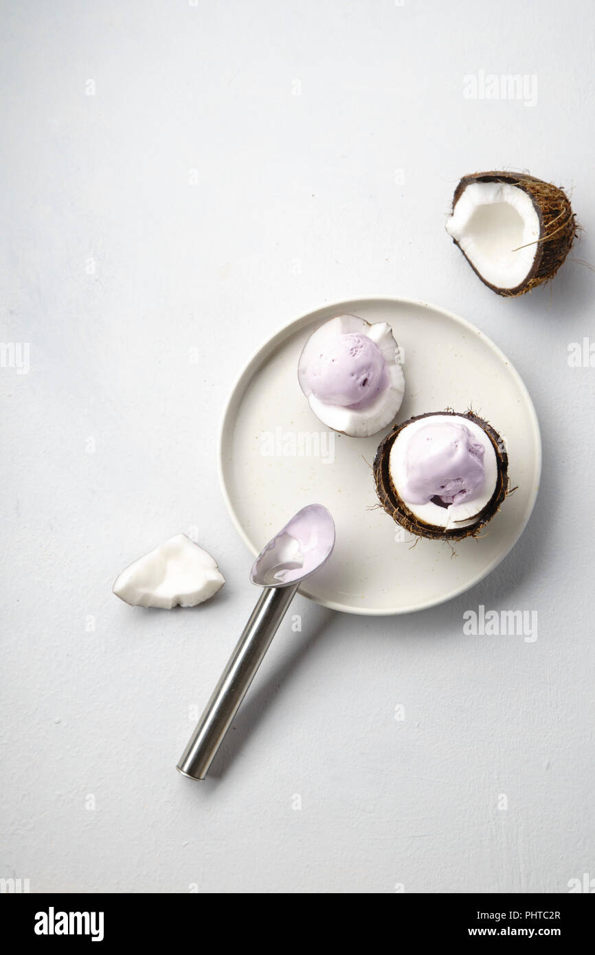 Glace cassis servi dans les moitiés de noix de coco craquelé Banque D'Images