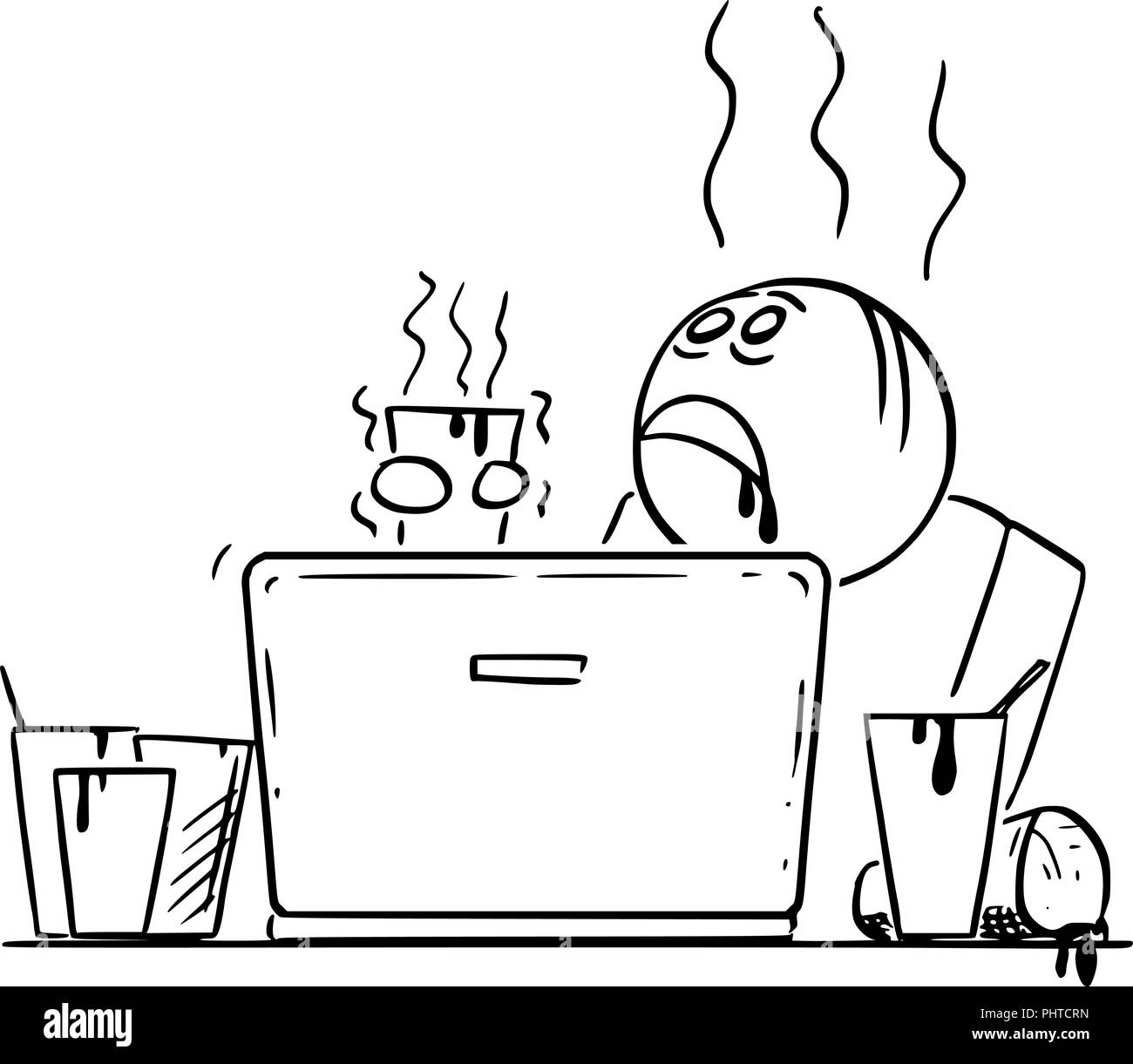 Caricature de fatigués et surchargés de travail et de caféine Surdosé Homme ou Businessman working on laptop computer entouré par les tasses de café Illustration de Vecteur
