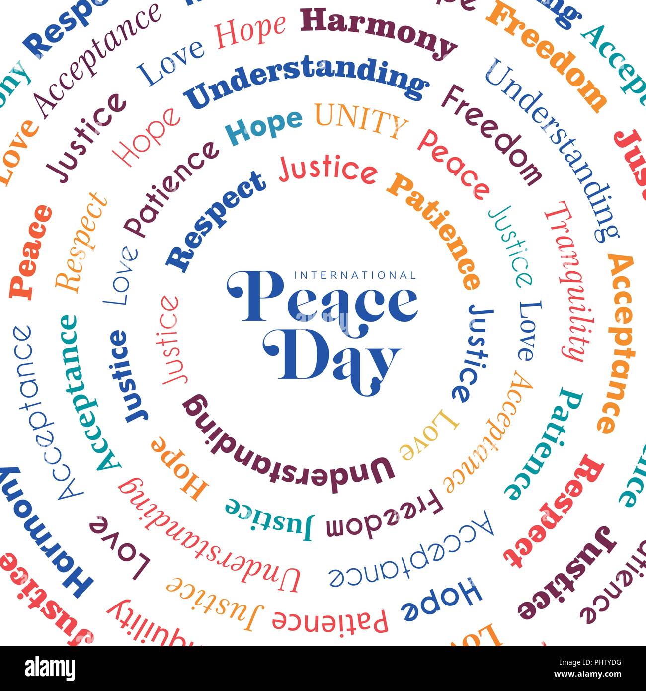 La Journée internationale de la paix, de la conception de cartes de souhaits avec mots pacifiques pour les fêtes dans un style coloré. Vecteur EPS10. Illustration de Vecteur