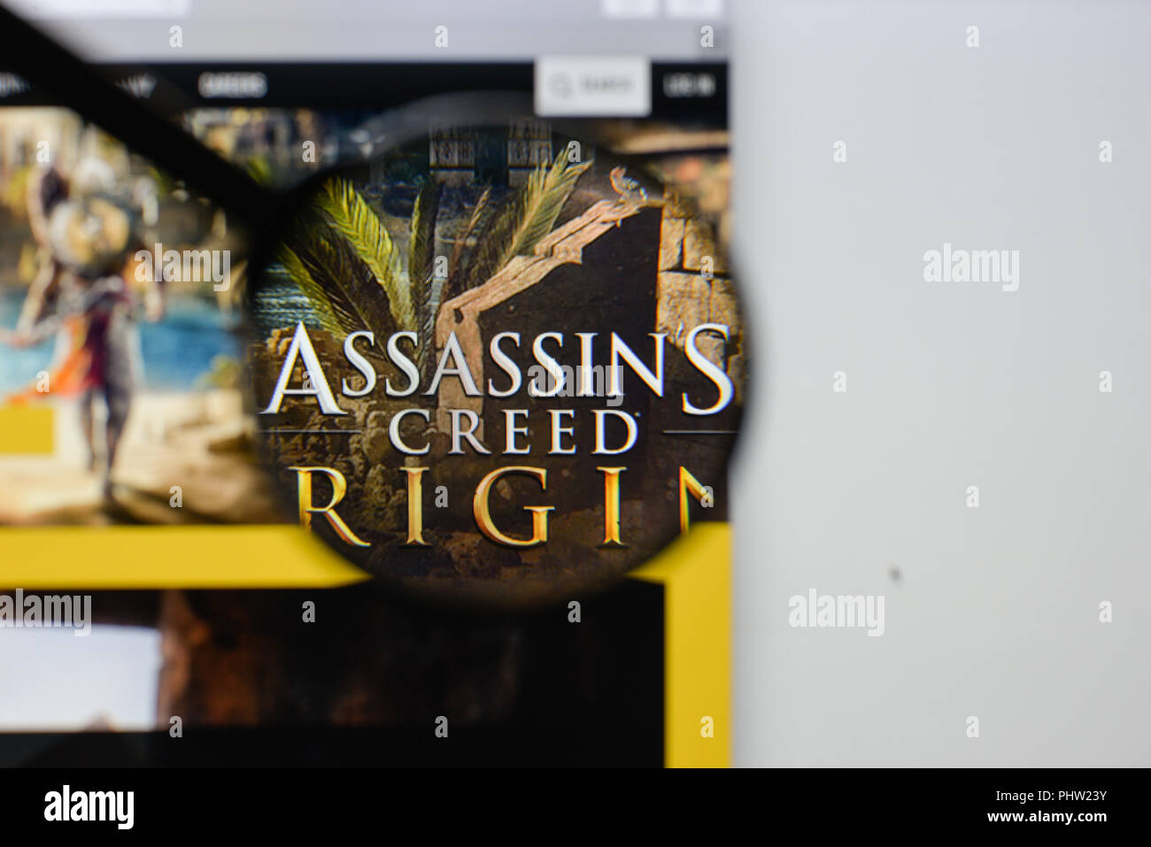 Milan, Italie - 20 août 2018 Assassin's Creed : origines d'accueil du site. Assassin's Creed logo Origines visibles. Banque D'Images