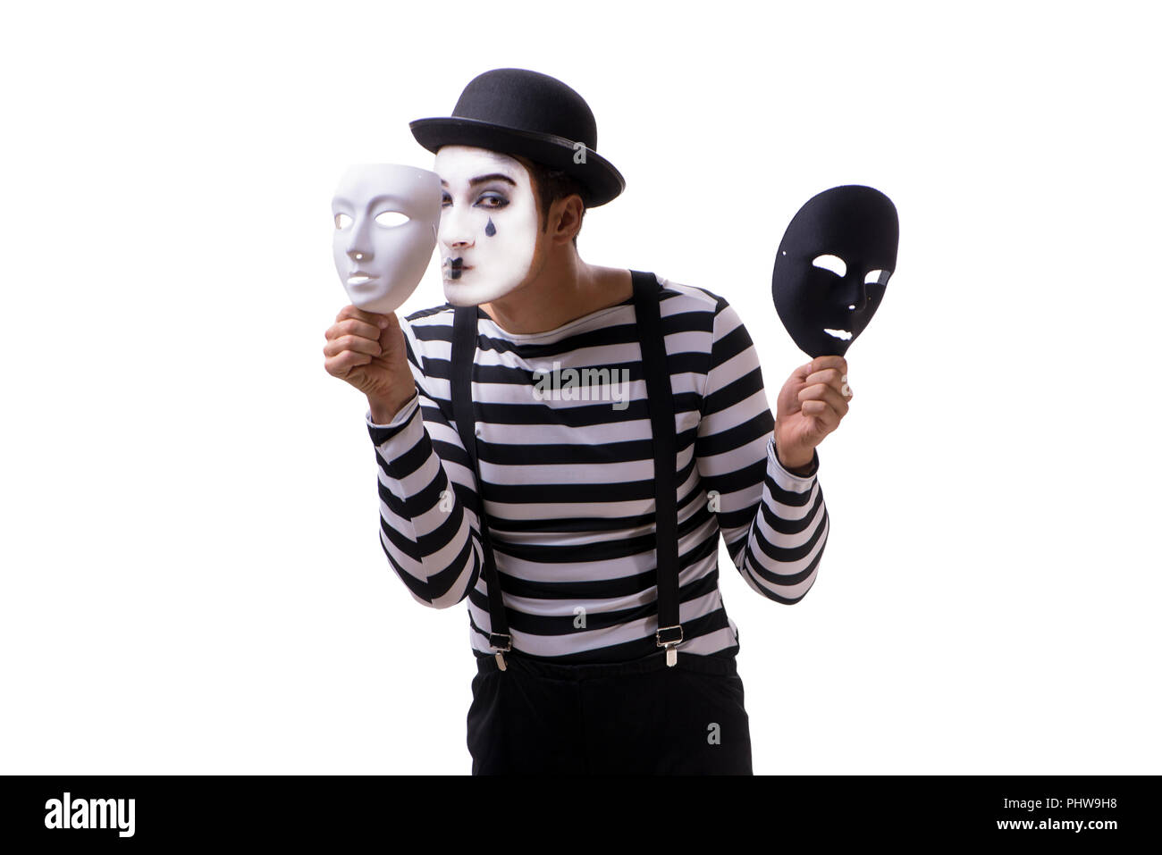 Mime avec masques isolé sur fond blanc Banque D'Images