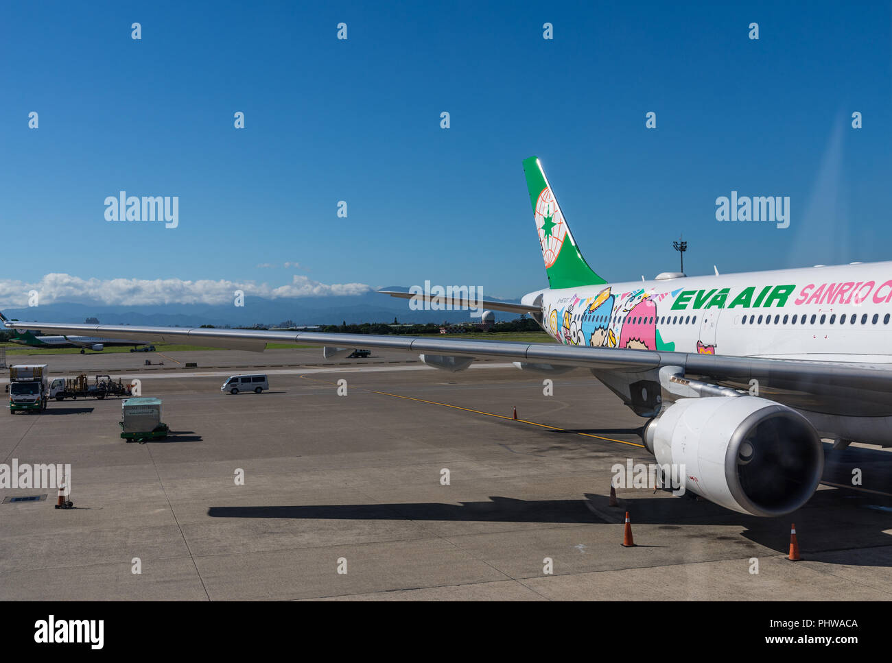 Un vol aérien EVA au terminal de l'Aéroport International de Taoyuan. Taiwan, Chine. Banque D'Images