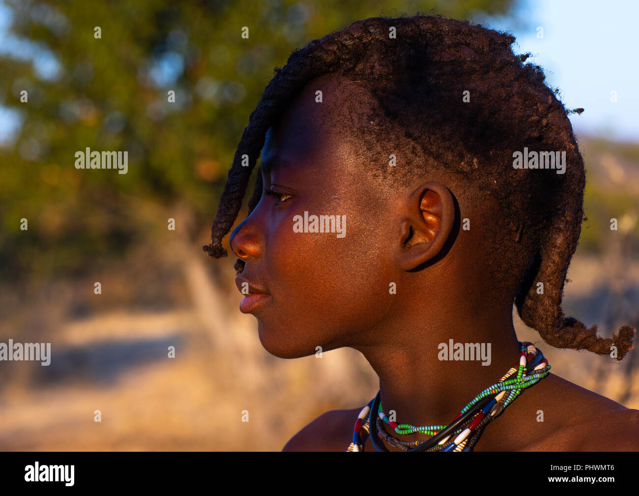 Vue latérale d'une tribu Himba girl portrait, province de Cunene, Oncocua, Angola Banque D'Images