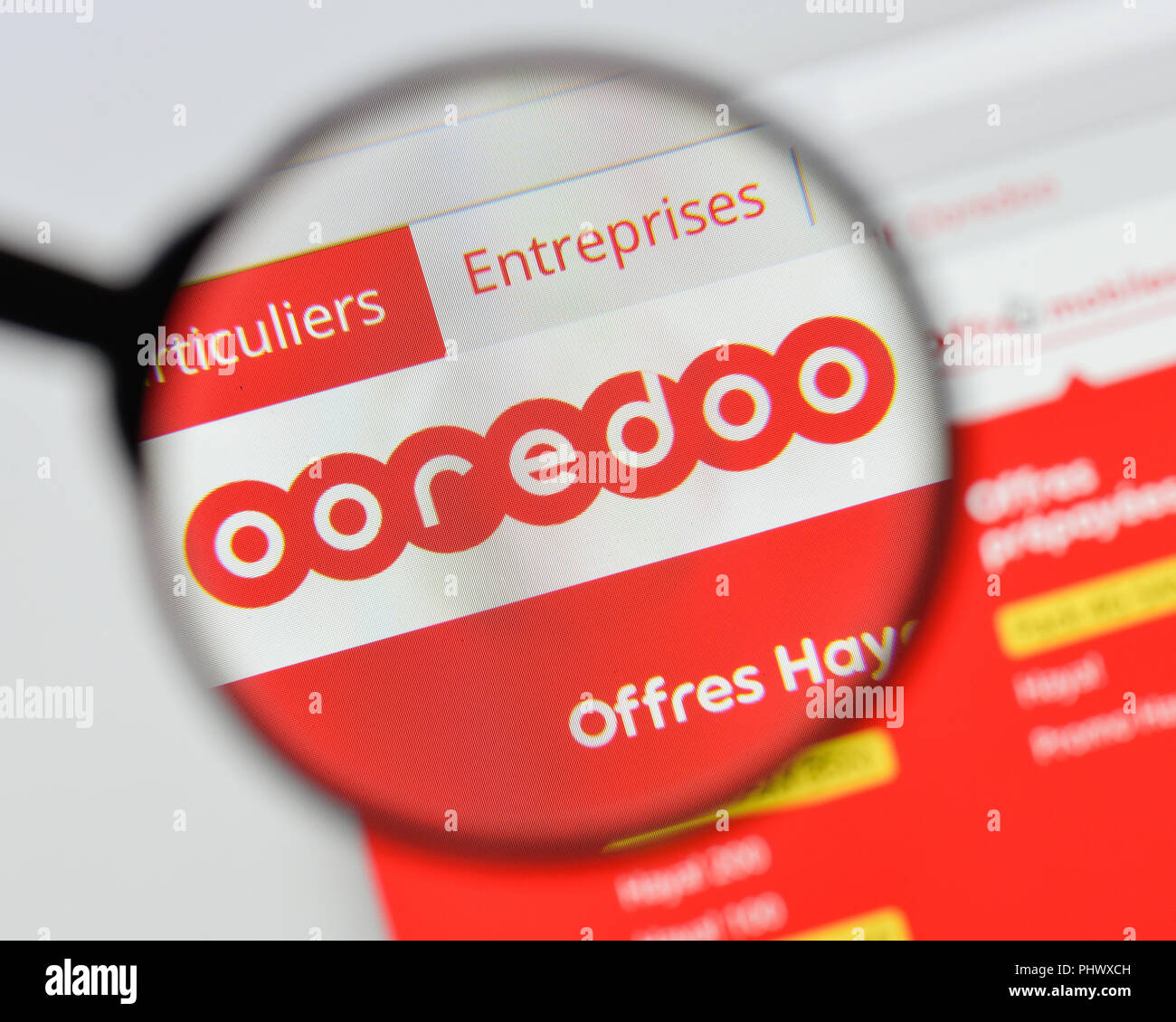 Milan, Italie - 20 août 2018 : Ooredoo Algerie accueil du site. Logo Ooredoo Algerie visible. Banque D'Images
