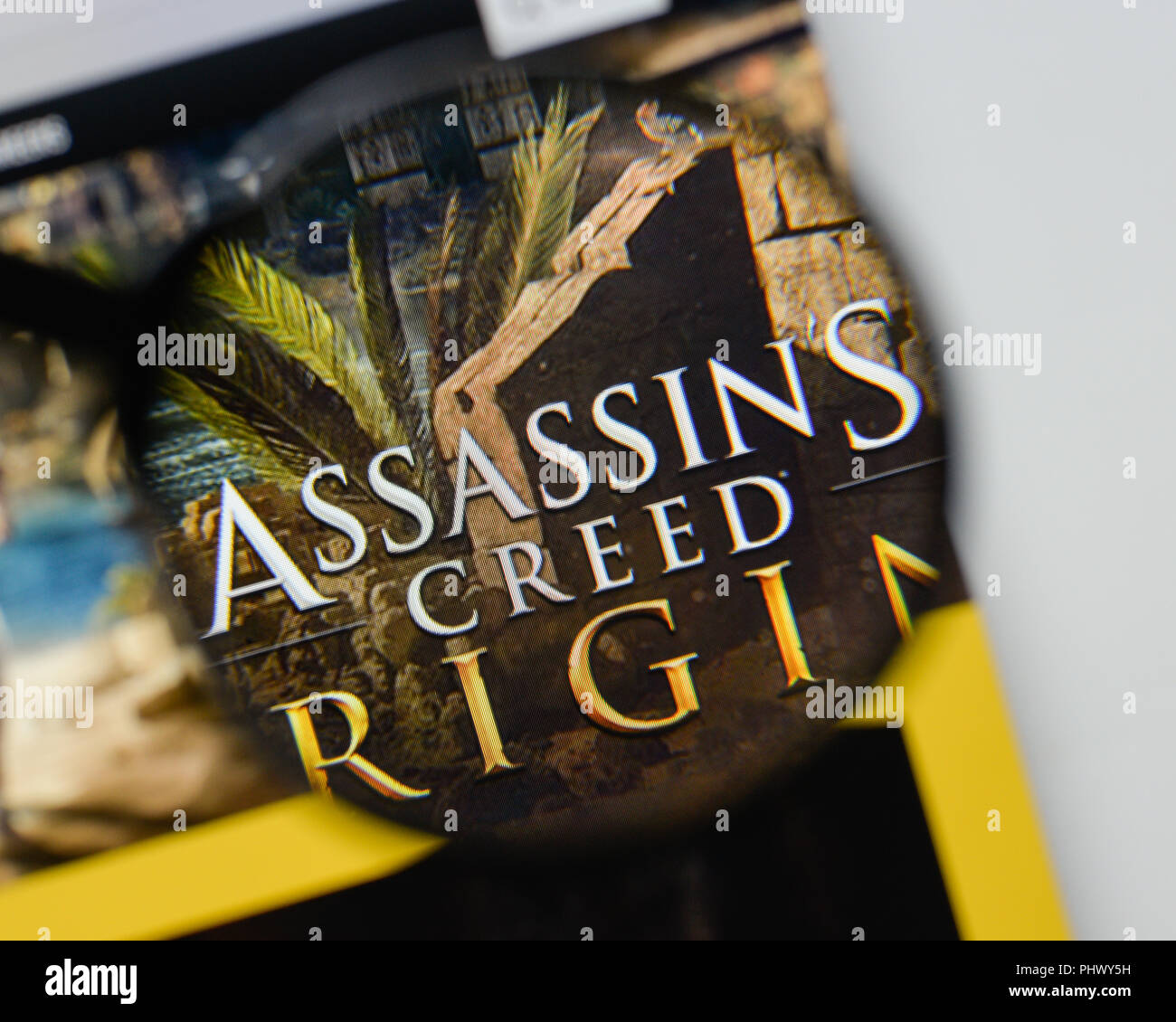 Milan, Italie - 20 août 2018 Assassin's Creed : origines d'accueil du site. Assassin's Creed logo Origines visibles. Banque D'Images