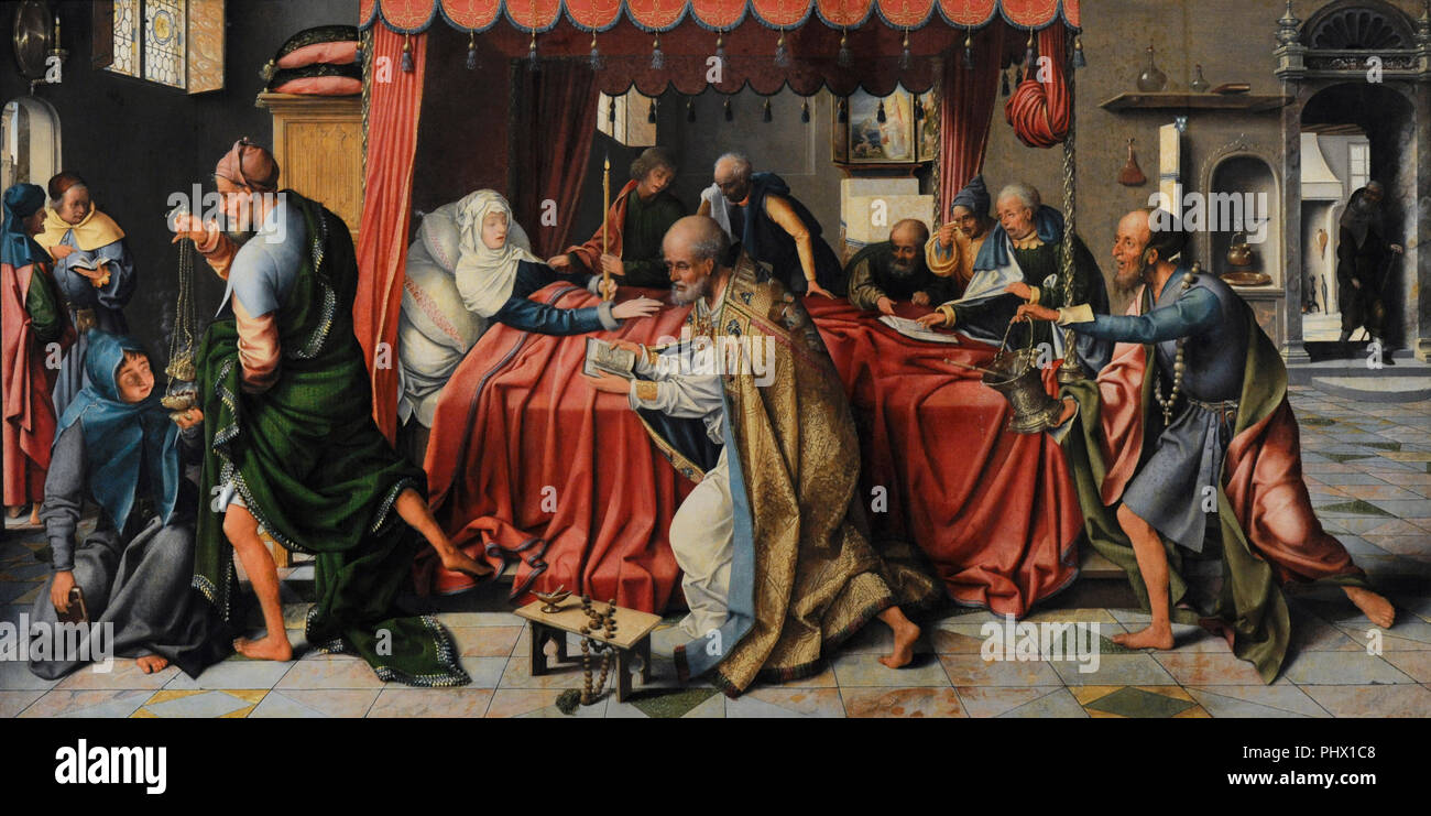 Joos van Cleve (h.1485-1540/1541). Peintre flamand. Le triptyque avec la mort de Marie, 1515. Panneau central. Musée Wallraf-Richartz. Cologne. L'Allemagne. Banque D'Images