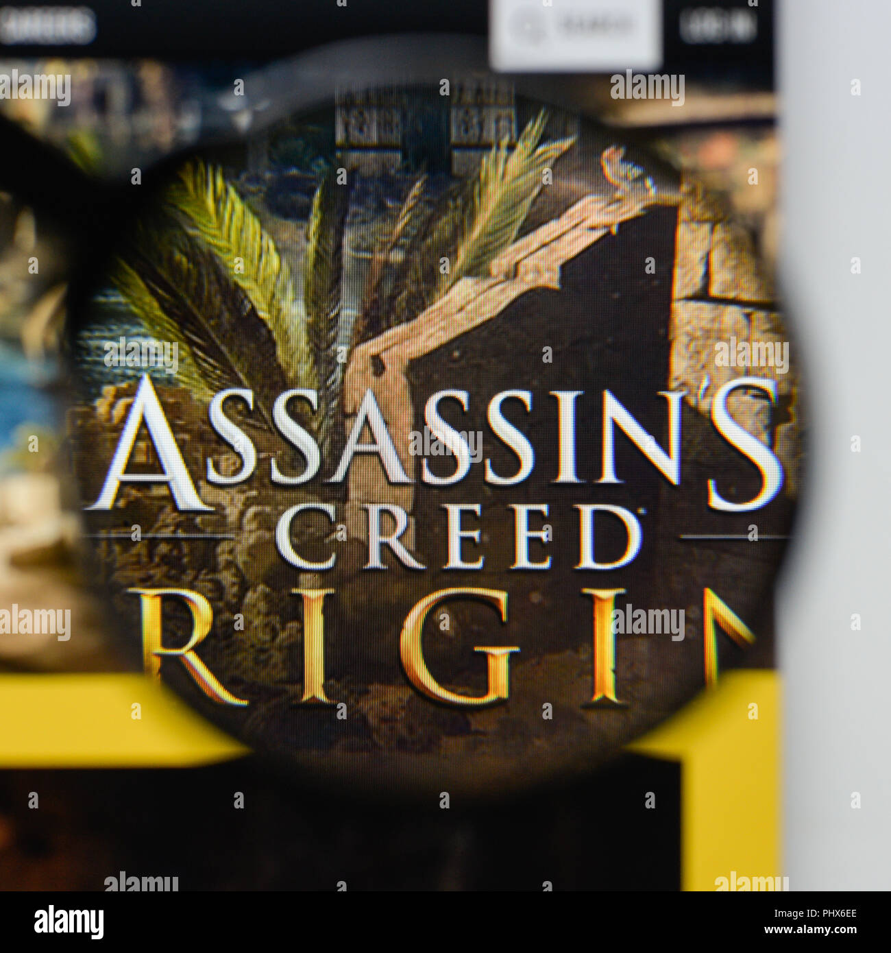 Milan, Italie - 20 août 2018 Assassin's Creed : origines d'accueil du site. Assassin's Creed logo Origines visibles. Banque D'Images