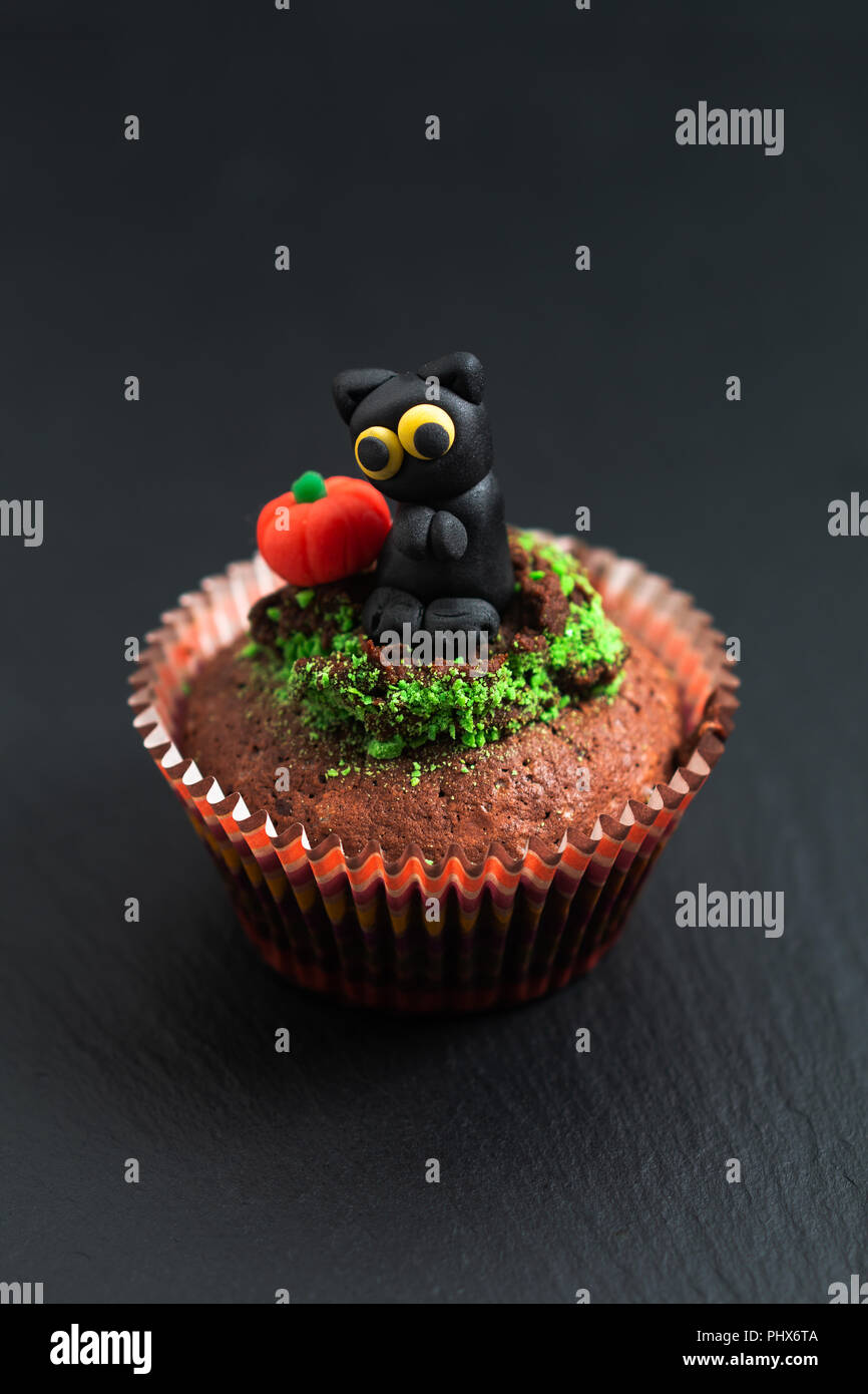 Halloween de fantaisie colorée alimentaire cupcake brownies avec Black Cat et décorer le fondant de citrouille Banque D'Images