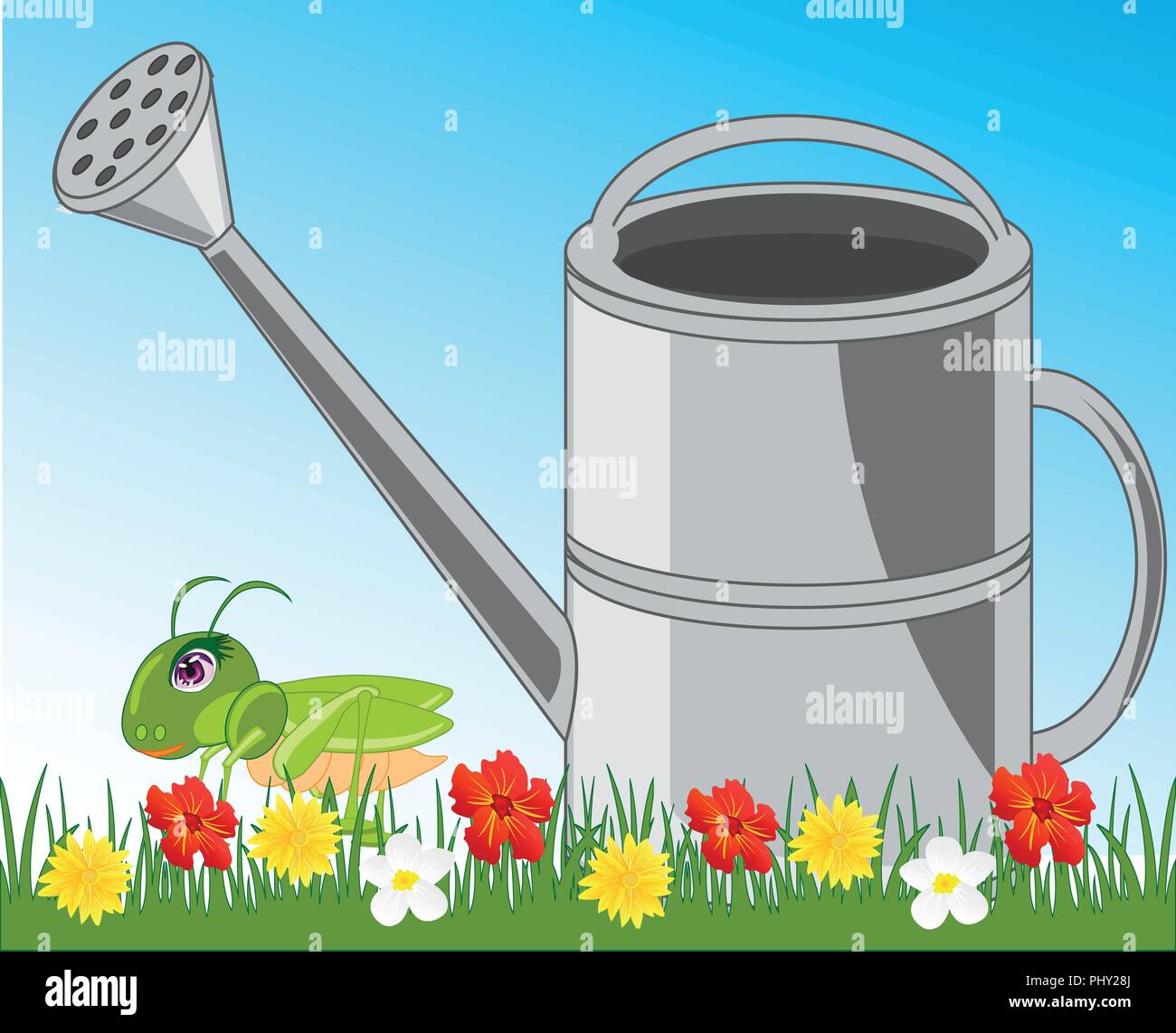 Tableau de jardin jardin avec arrosage peut en fleur Illustration de Vecteur