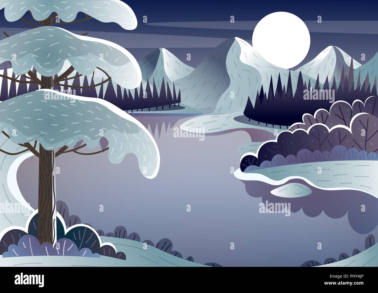 Nuit paysage d'hiver. Lac de montagne et la lune Illustration de Vecteur