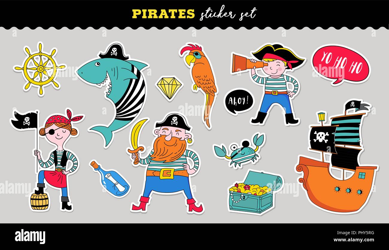 Collection de pirates hand drawn vector autocollants, anniversaire party concept Illustration de Vecteur