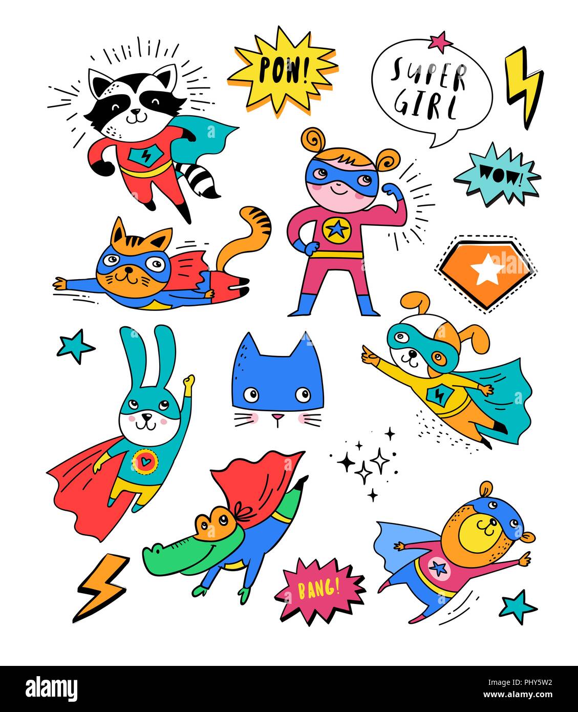 Cute super-héros dessinés à la main, d'animaux, chat, chien, panda, l'ours et le crocodile caractères vectoriels Illustration de Vecteur