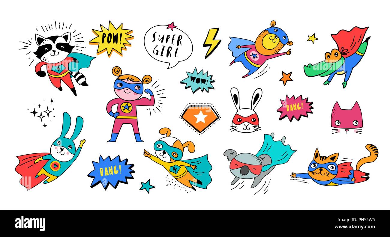 Cute super-héros dessinés à la main, d'animaux, chat, chien, panda, l'ours et le crocodile caractères vectoriels Illustration de Vecteur