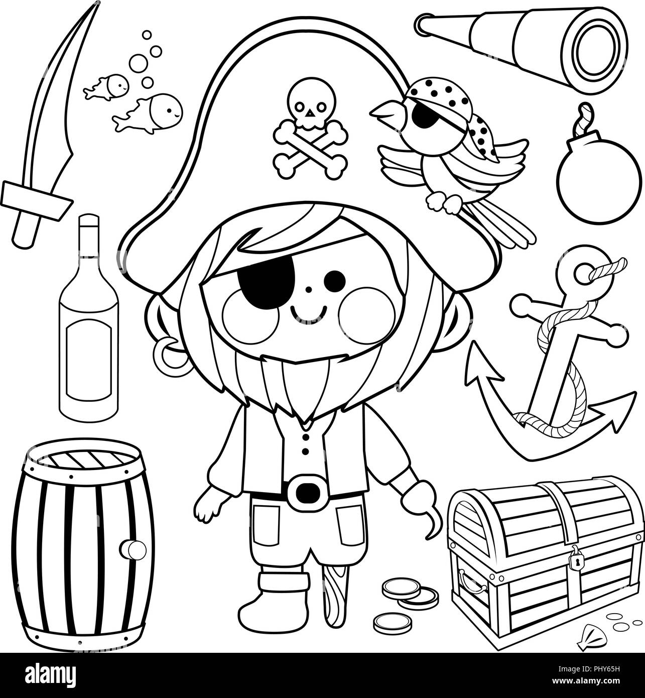 Capitaine pirate barbu de dessin animé avec un crochet et une jambe en bois. Crochet de capitaine avec trésor. Page de coloriage noir et blanc vectoriel. Illustration de Vecteur