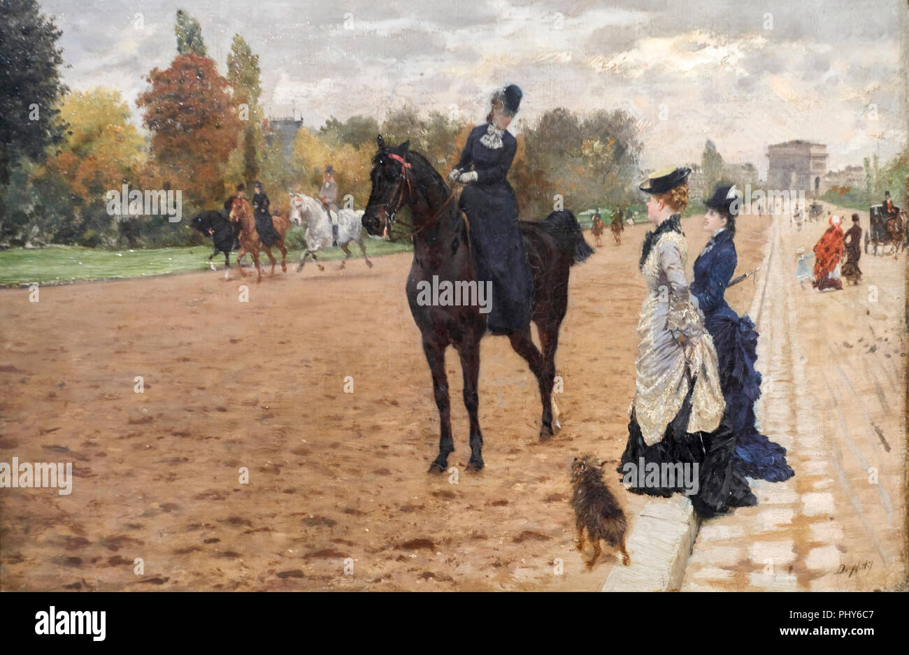 Dix-neuf siècle peinture : une femme sur un cheval en train de parler avec deux femmes, à l'raciecourse Paris. Peintre italien Giuseppe de Nittis Banque D'Images