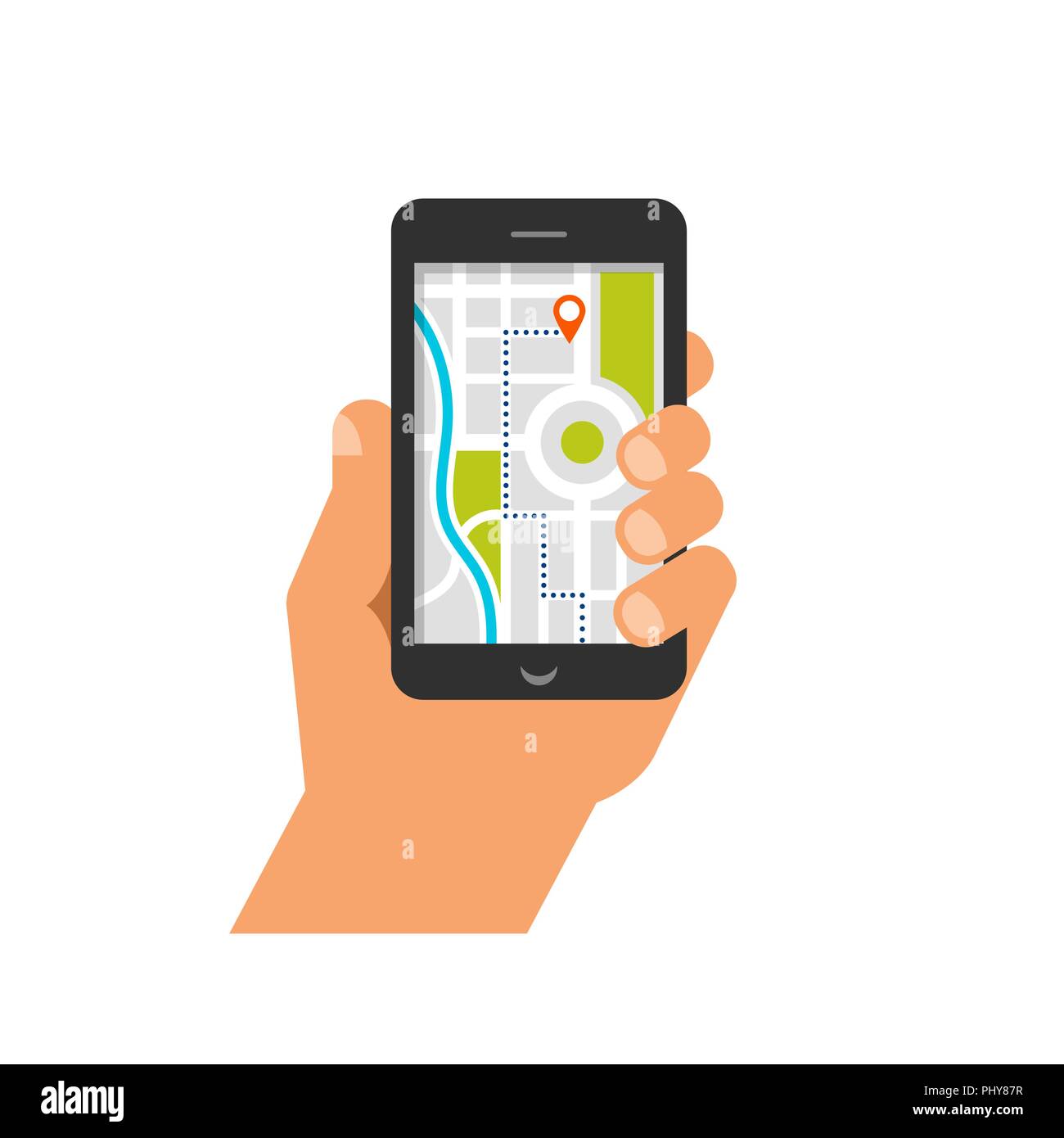 Navigation mobile app concept. Carte d'itinéraire avec des symboles indiquant l'emplacement d'une ville urbaine, sur fond landsape Illustration de Vecteur