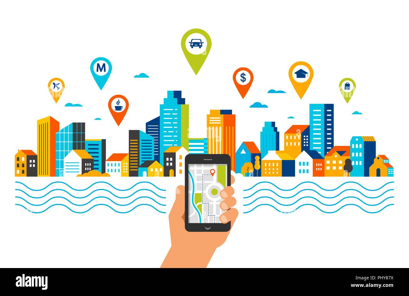 Navigation mobile app concept. Carte d'itinéraire avec des symboles indiquant l'emplacement d'une ville urbaine, sur fond landsape Illustration de Vecteur