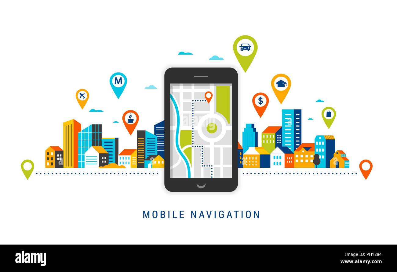 Navigation mobile app concept. Carte d'itinéraire avec des symboles indiquant l'emplacement d'une ville urbaine, sur fond landsape Illustration de Vecteur
