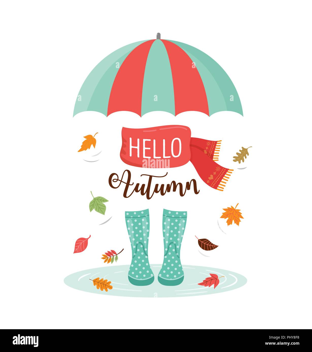 L'automne, saison d'automne, la pluie, des bottes en caoutchouc avec les feuilles d'automne et de fleurs, d'écharpe et parapluie, vector illustration Illustration de Vecteur