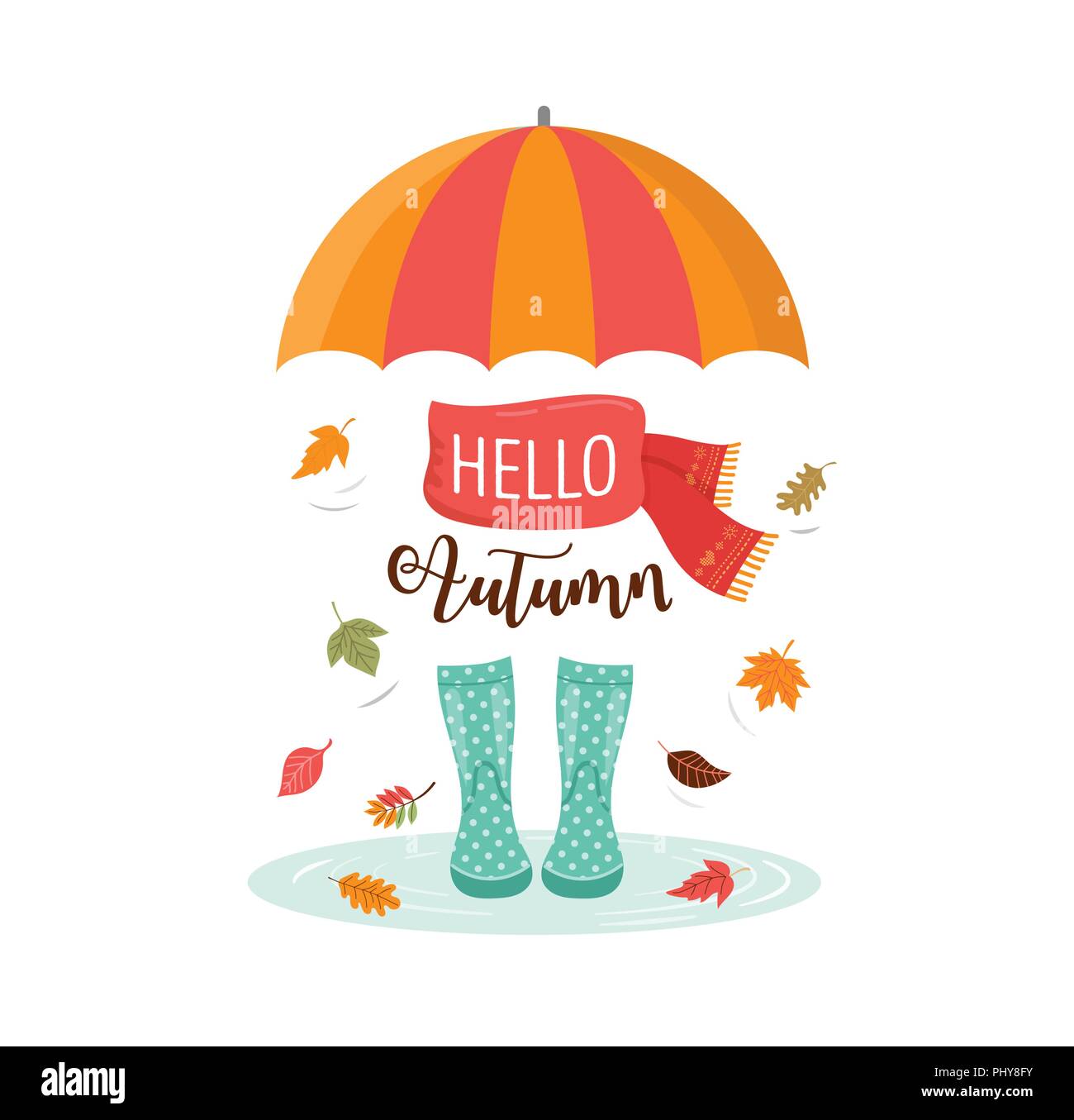 L'automne, saison d'automne, la pluie, des bottes en caoutchouc avec les feuilles d'automne et de fleurs, d'écharpe et parapluie, vector illustration Illustration de Vecteur