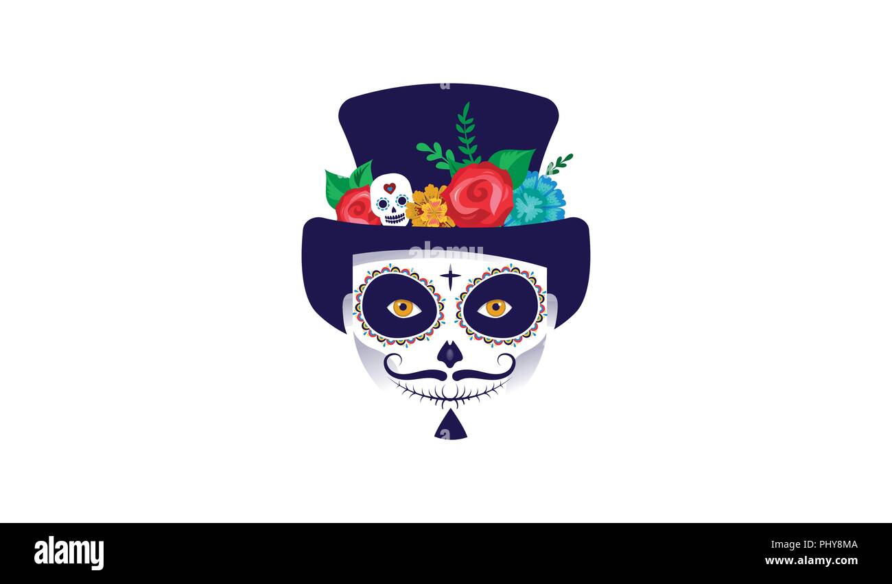 Dia de los muertos, la fête des morts mexicaine, vacances, festival. Affiche, bannière et carte. Homme avec composition de crâne en sucre Illustration de Vecteur