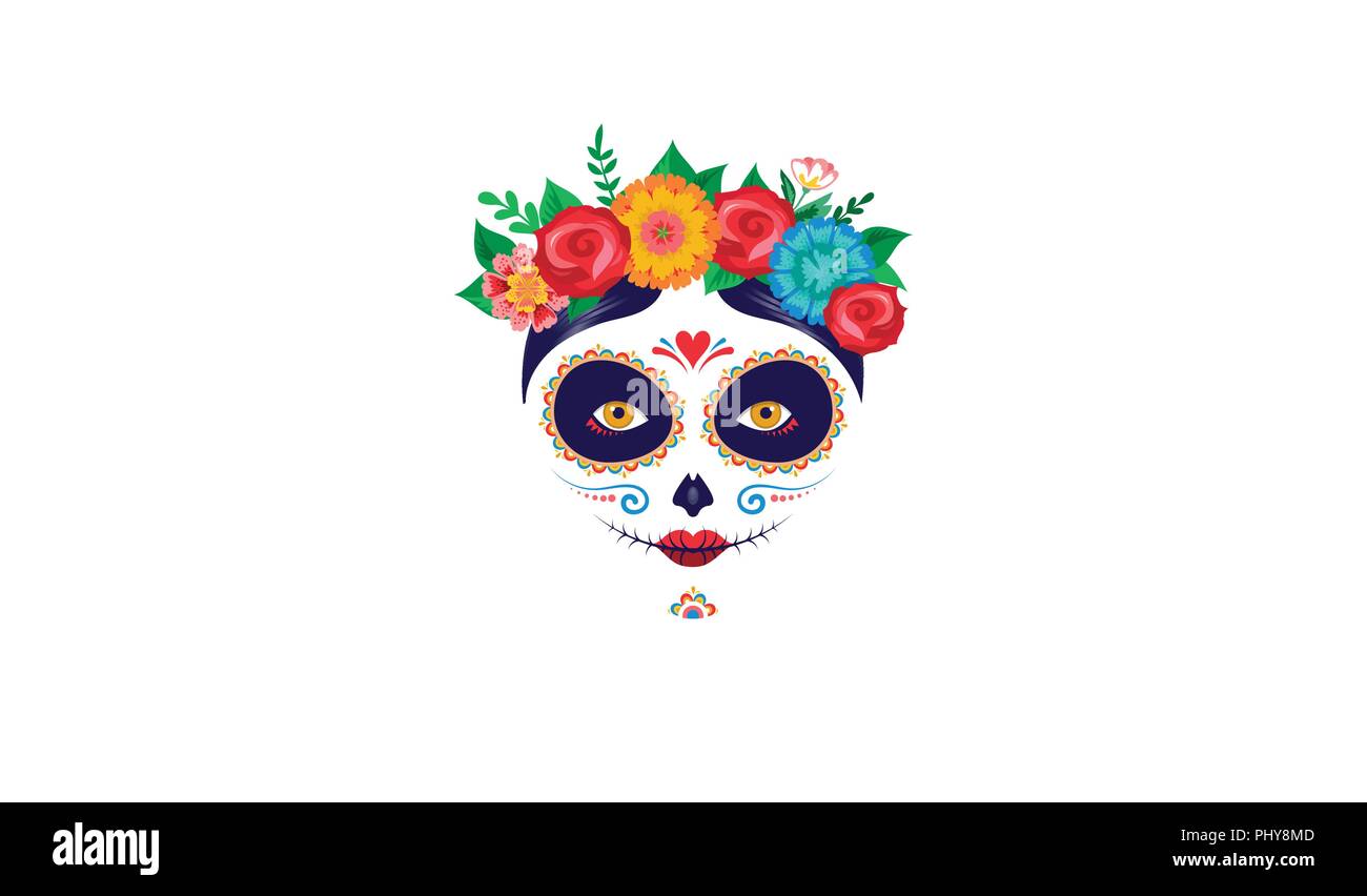 Dia de los muertos, la fête des morts mexicaine, vacances, festival. Affiche, bannière et carte. Femme avec composition de crâne en sucre Illustration de Vecteur
