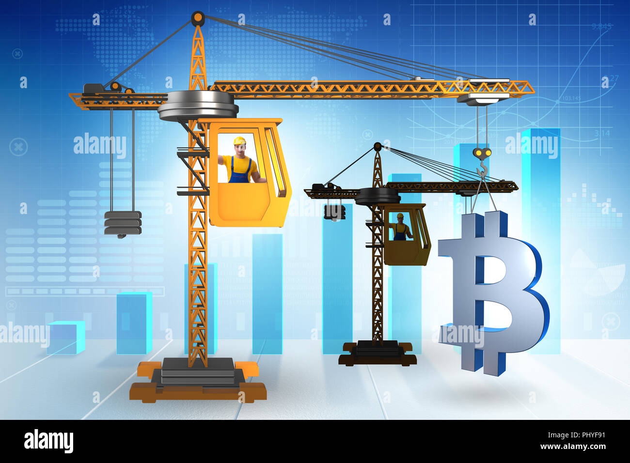 Levage par grue de construction concept cryptocurrency en bitcoin Banque D'Images