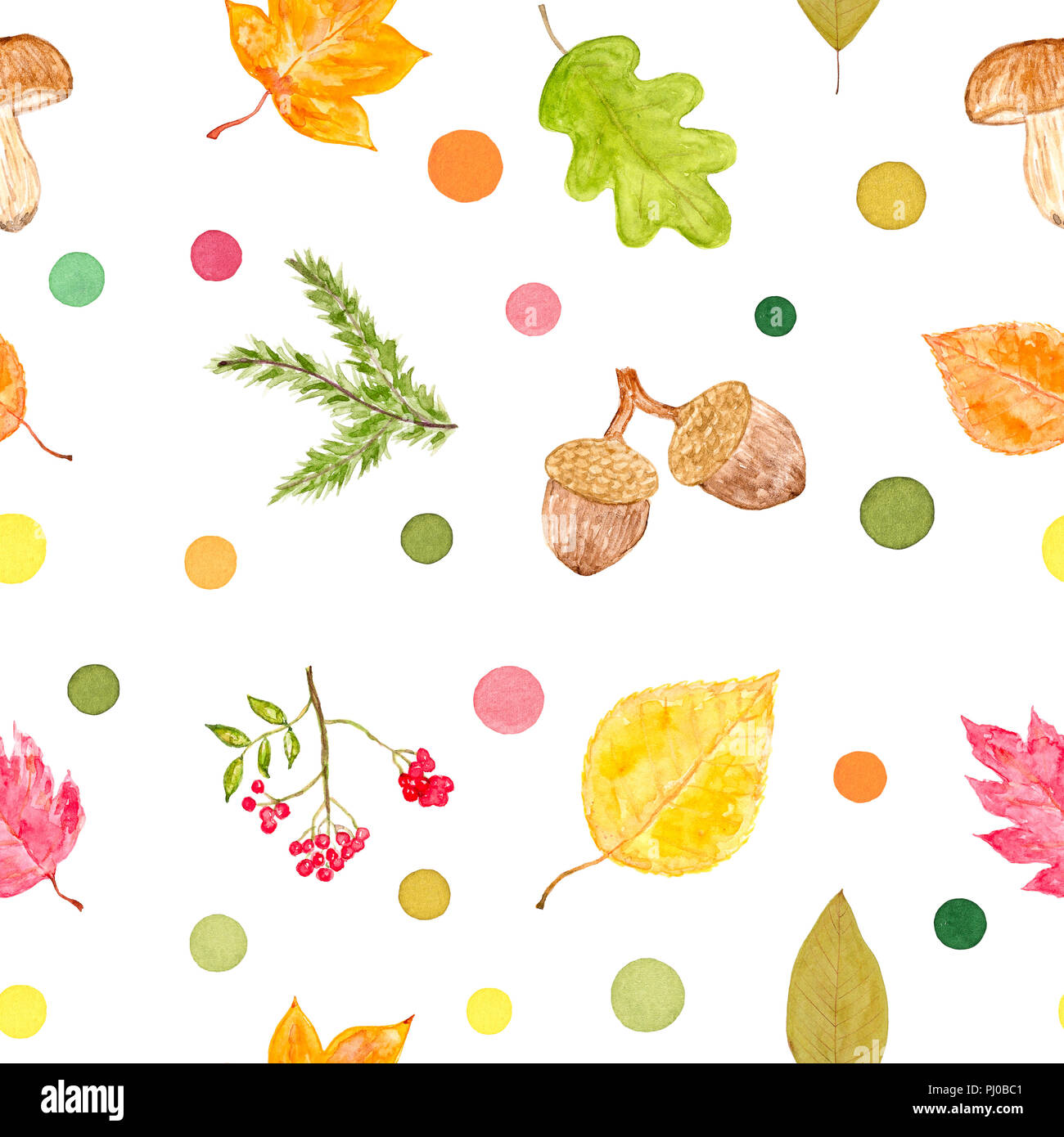 Ensemble d'objets et de points colorés de l'automne, aquarelle peinte et isolé sur fond blanc, motif transparent Banque D'Images