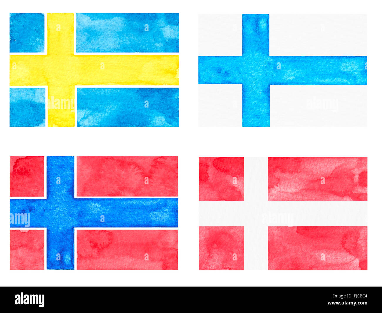 Ensemble de drapeaux à l'Aquarelle. Pays : Danemark, Norvège, Finlande, Suède. Peint et dessiné à la main Banque D'Images