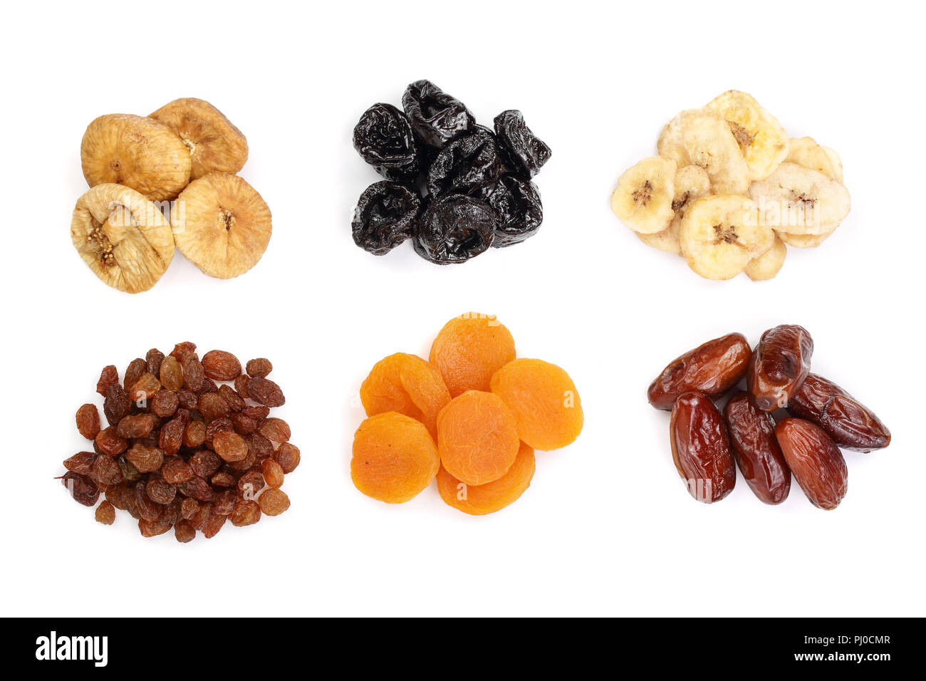 Ensemble de fruits secs isolé sur fond blanc. Vue d'en haut. Mise à plat Banque D'Images