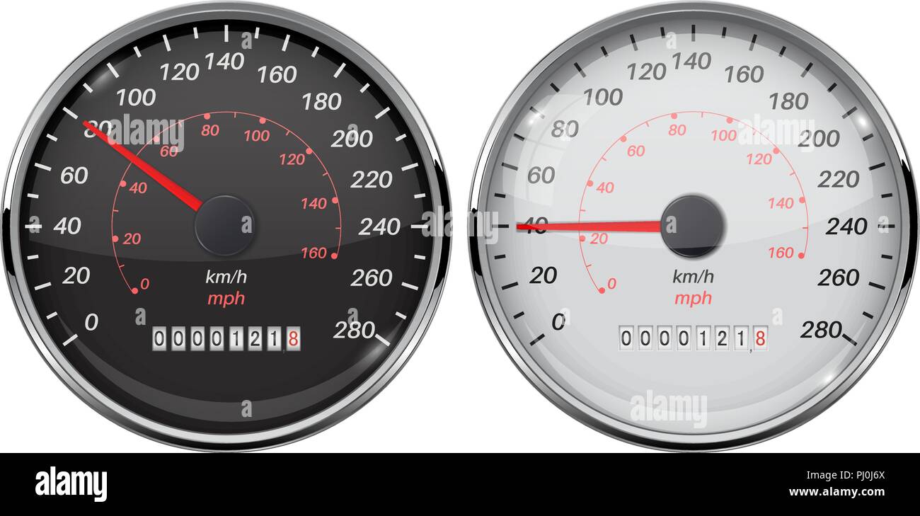 Définir l'indicateur de vitesse. Kilomètres et Kilomètres. Le noir et blanc car dashboard gauges Illustration de Vecteur